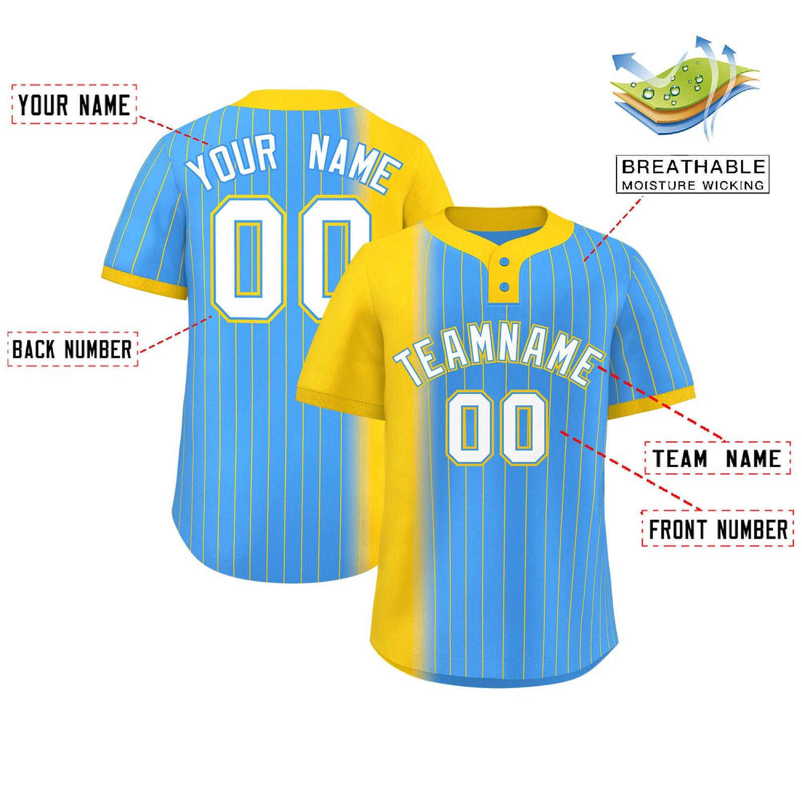 Custom Gold Powder Blue Gradient Stripe Fashion Authentic Two-Button Softball Jersey