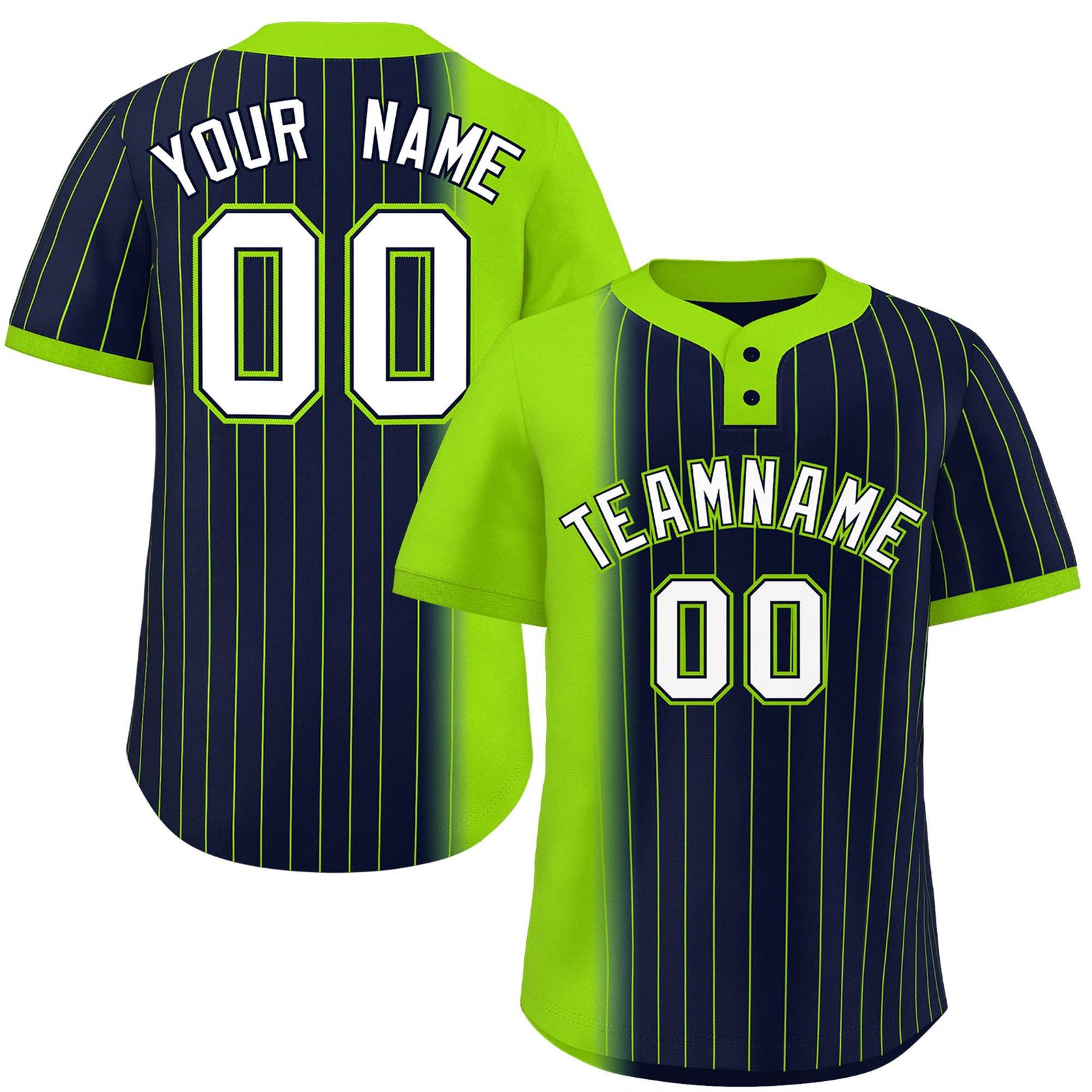 Custom Neon Green Navy Gradient Stripe Fashion Authentic Two-Button Softball Jersey
