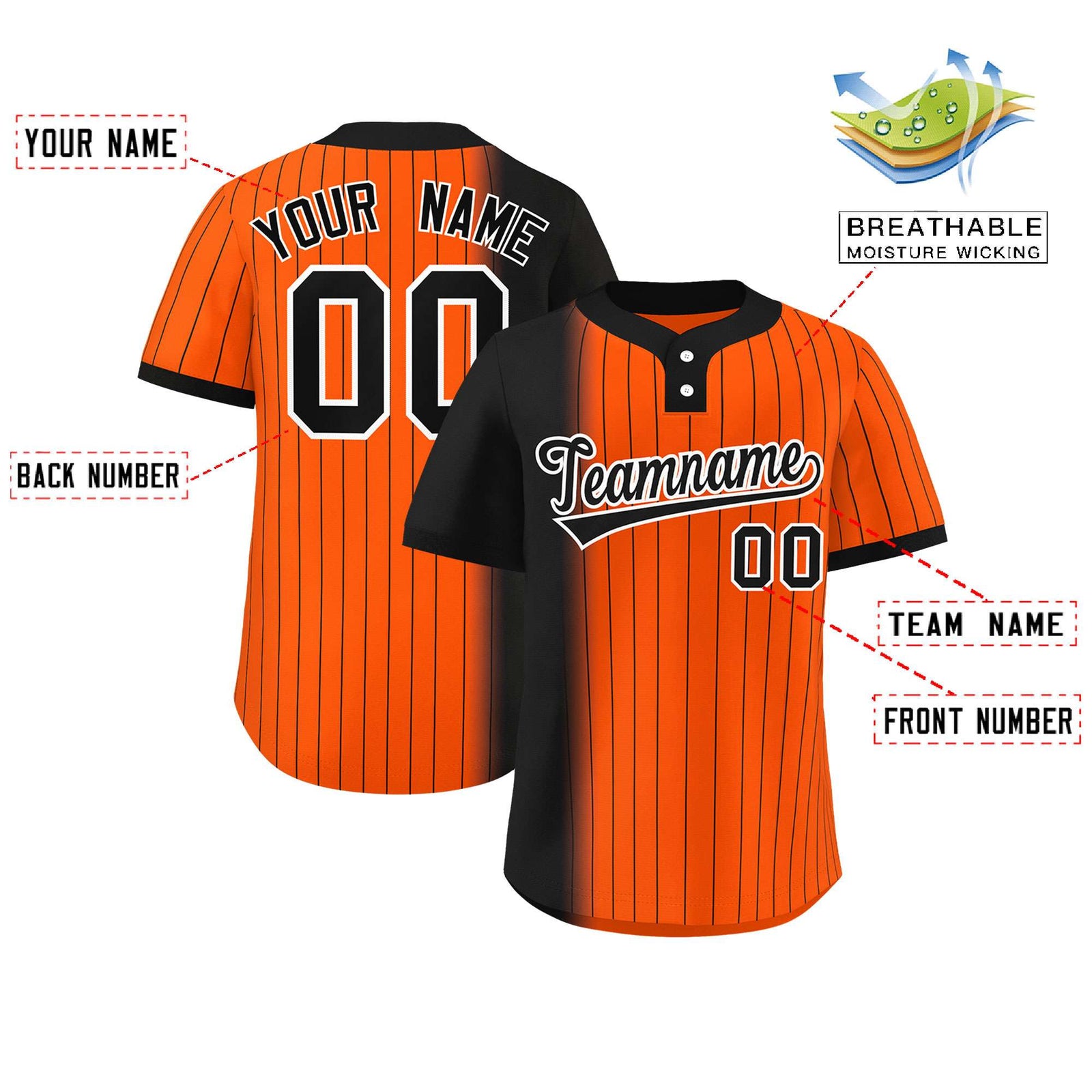 Custom Black Orange Gradient Stripe Fashion Authentic Two-Button Softball Jersey
