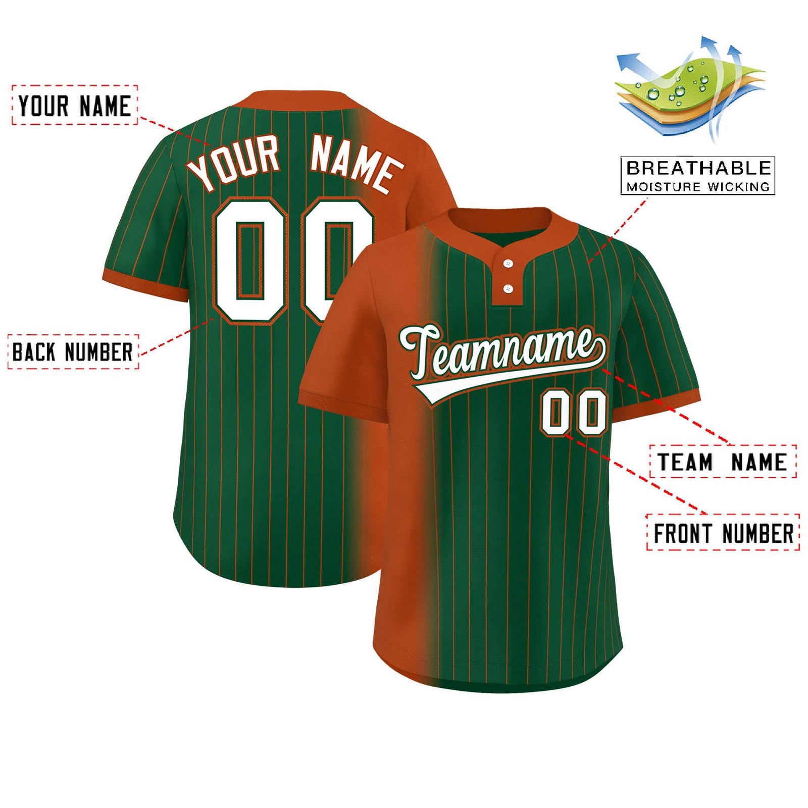 Custom Texas Orange Green Gradient Stripe Fashion Authentic Two-Button Softball Jersey