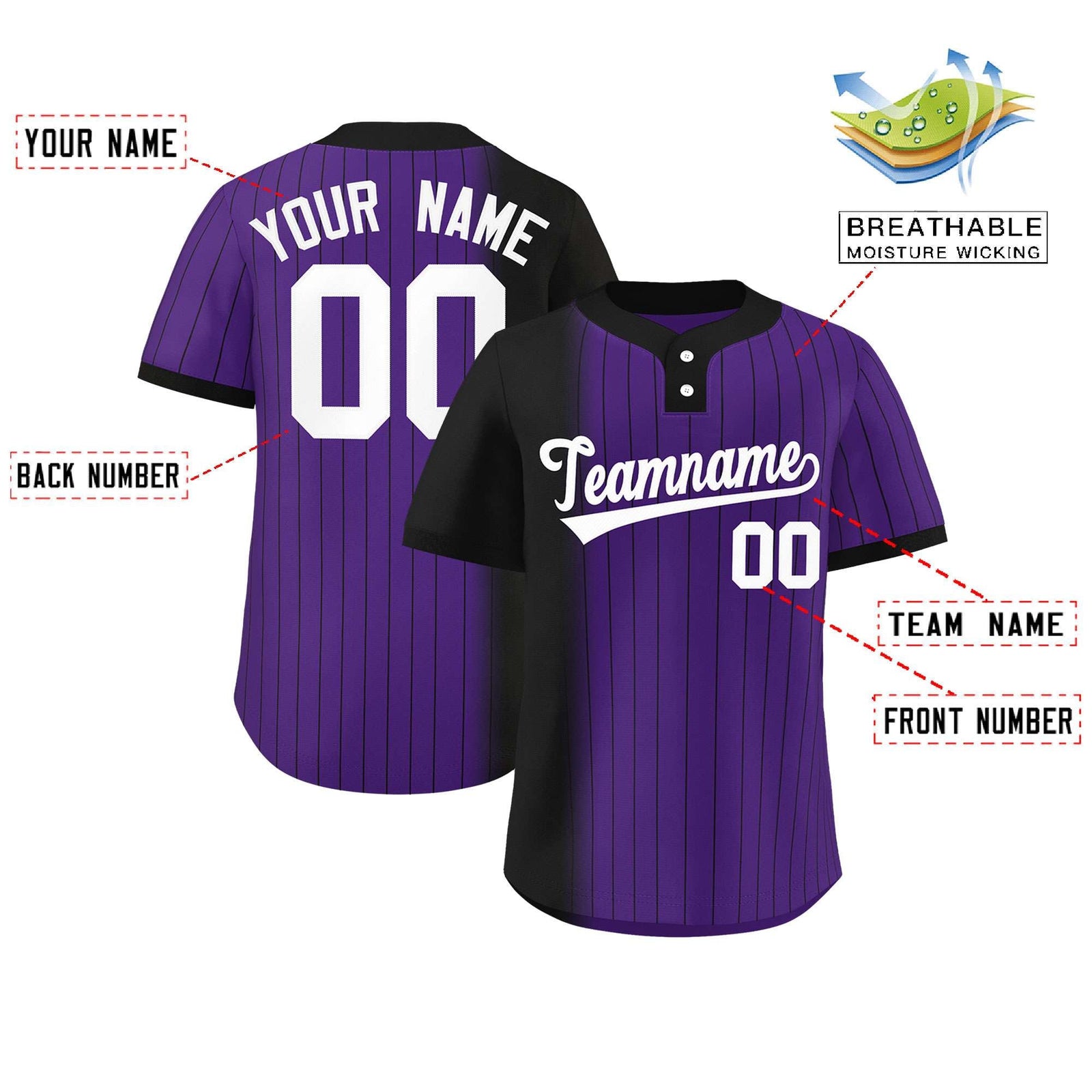 Custom Black Purple Gradient Stripe Fashion Authentic Two-Button Softball Jersey