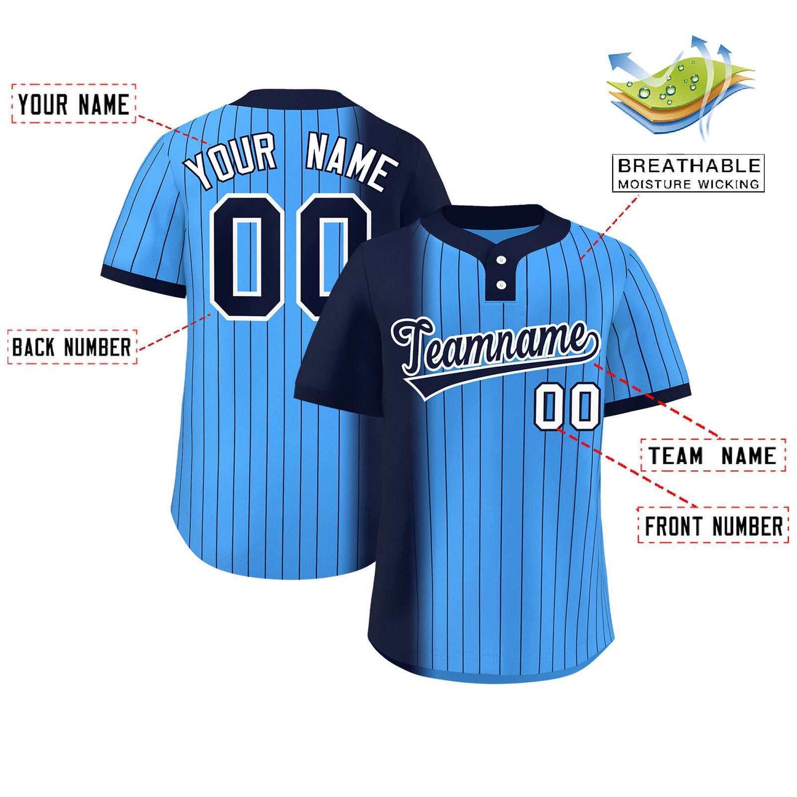 Custom Navy Powder Blue Gradient Stripe Fashion Authentic Two-Button Softball Jersey