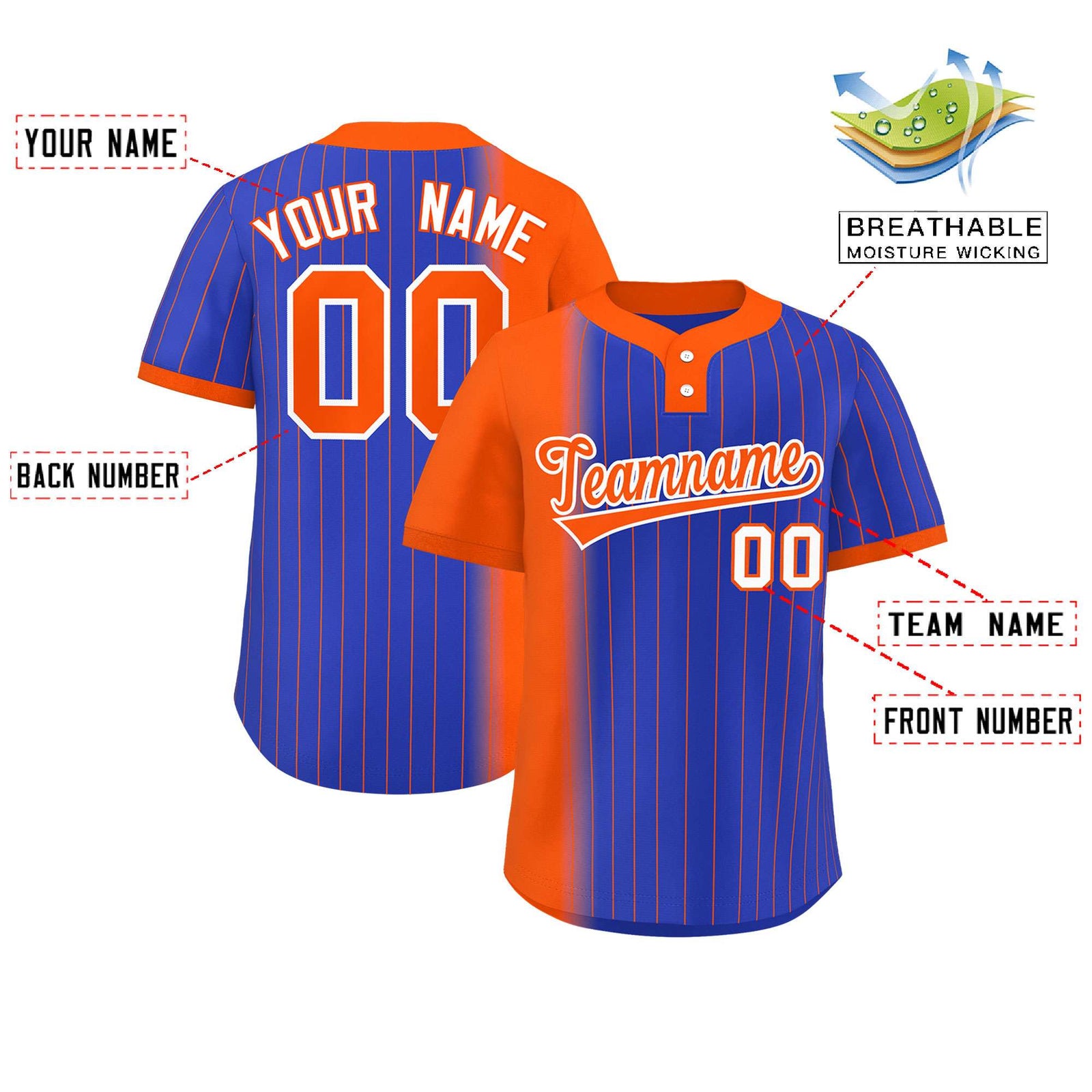 Custom Orange Royal Gradient Stripe Fashion Authentic Two-Button Softball Jersey