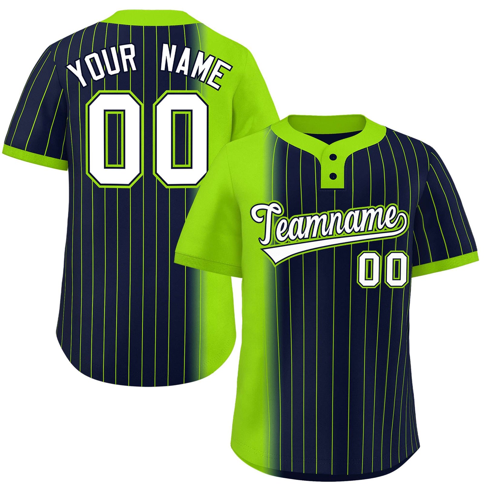 Custom Neon Green Navy Gradient Stripe Fashion Authentic Two-Button Softball Jersey