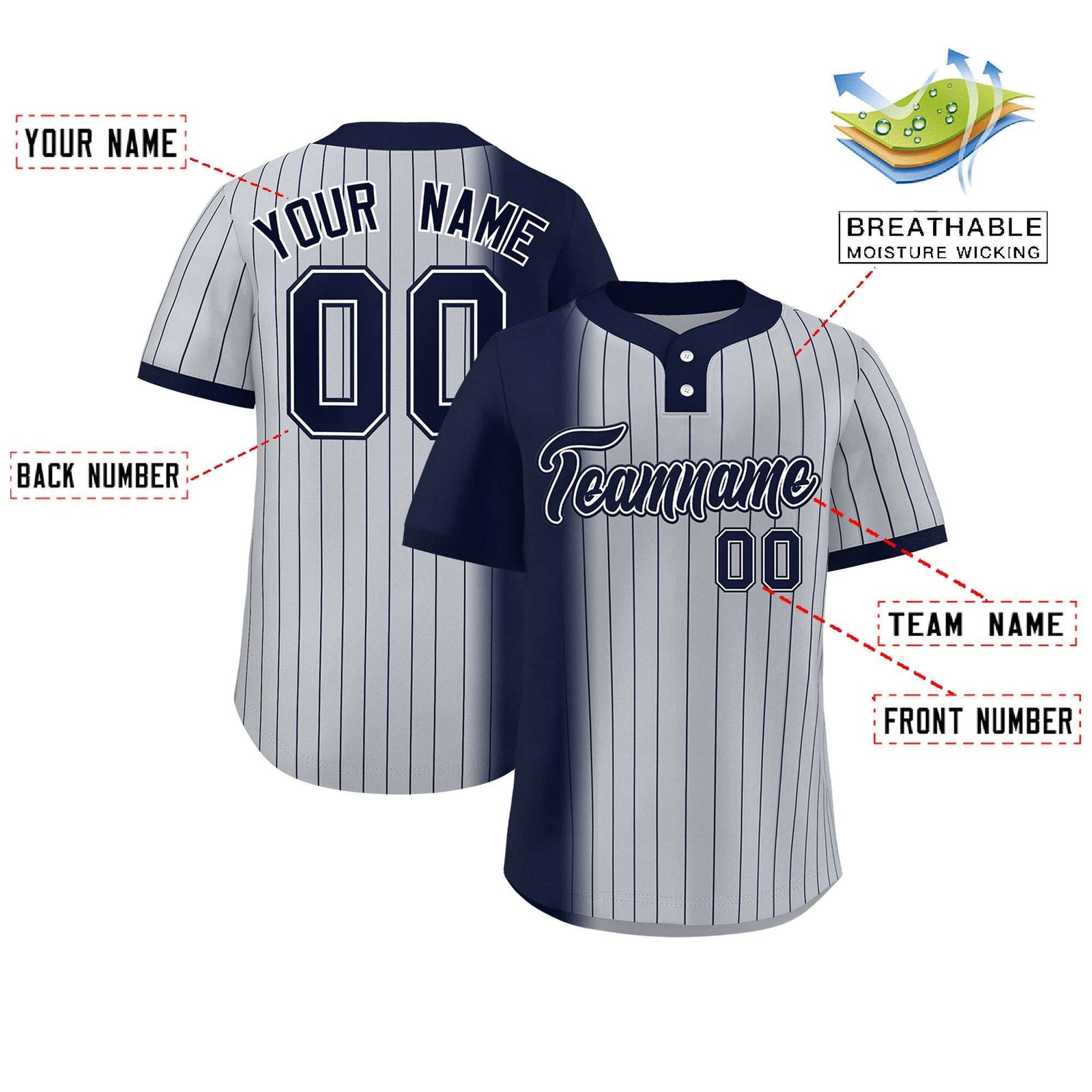 Custom Navy Gray Gradient Stripe Fashion Authentic Two-Button Softball Jersey