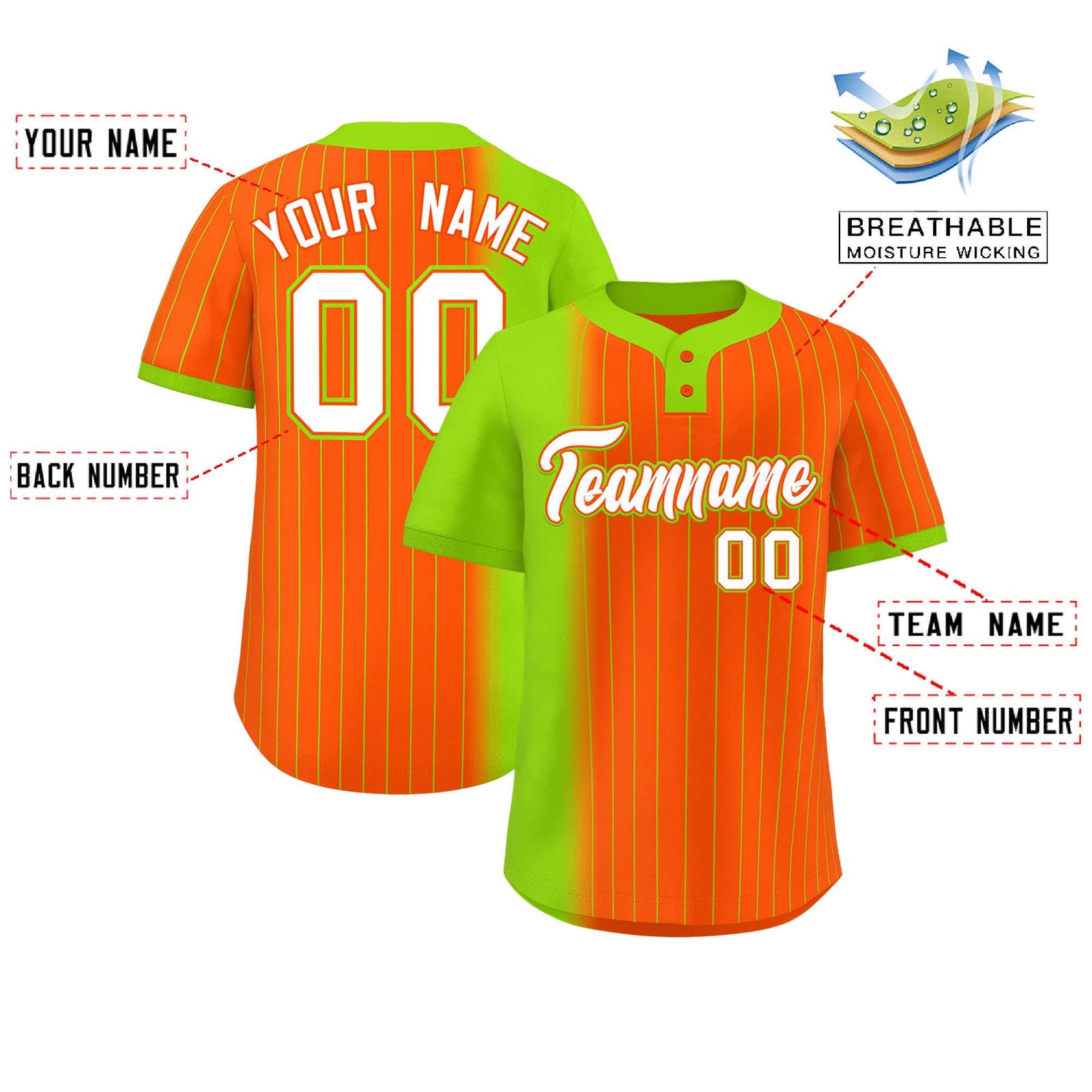 Custom Neon Green Orange Gradient Stripe Fashion Authentic Two-Button Softball Jersey
