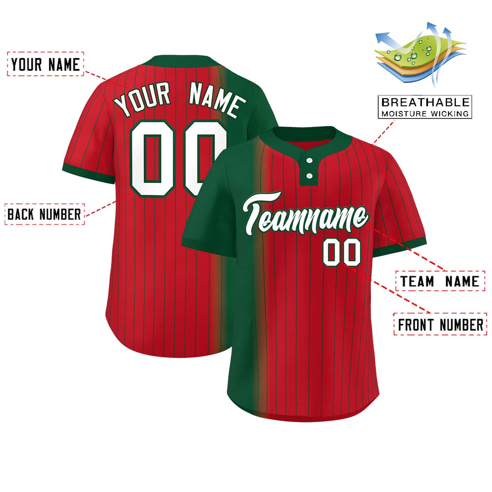 Custom Green Red Gradient Stripe Fashion Authentic Two-Button Softball Jersey