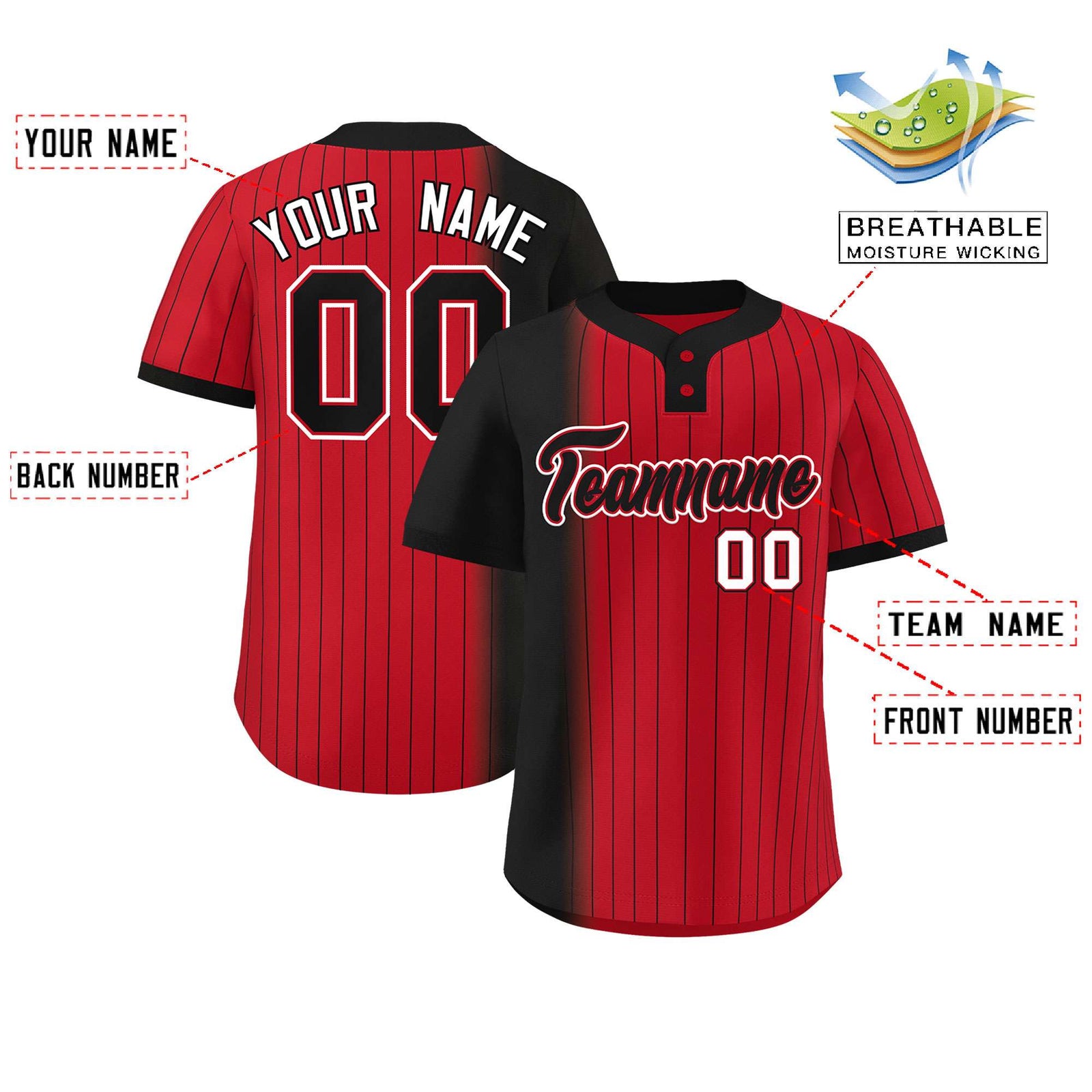 Custom Black Red Gradient Stripe Fashion Authentic Two-Button Softball Jersey