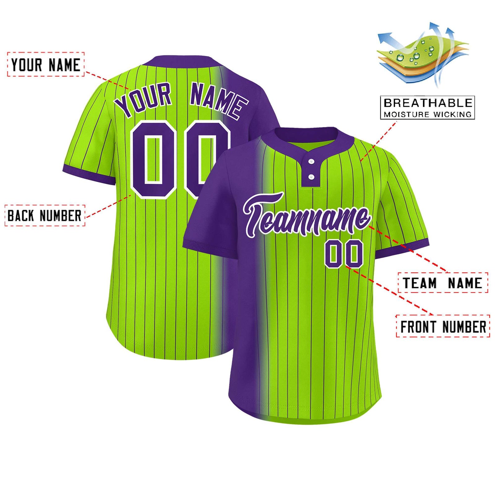 Custom Purple Neon Green Gradient Stripe Fashion Authentic Two-Button Softball Jersey