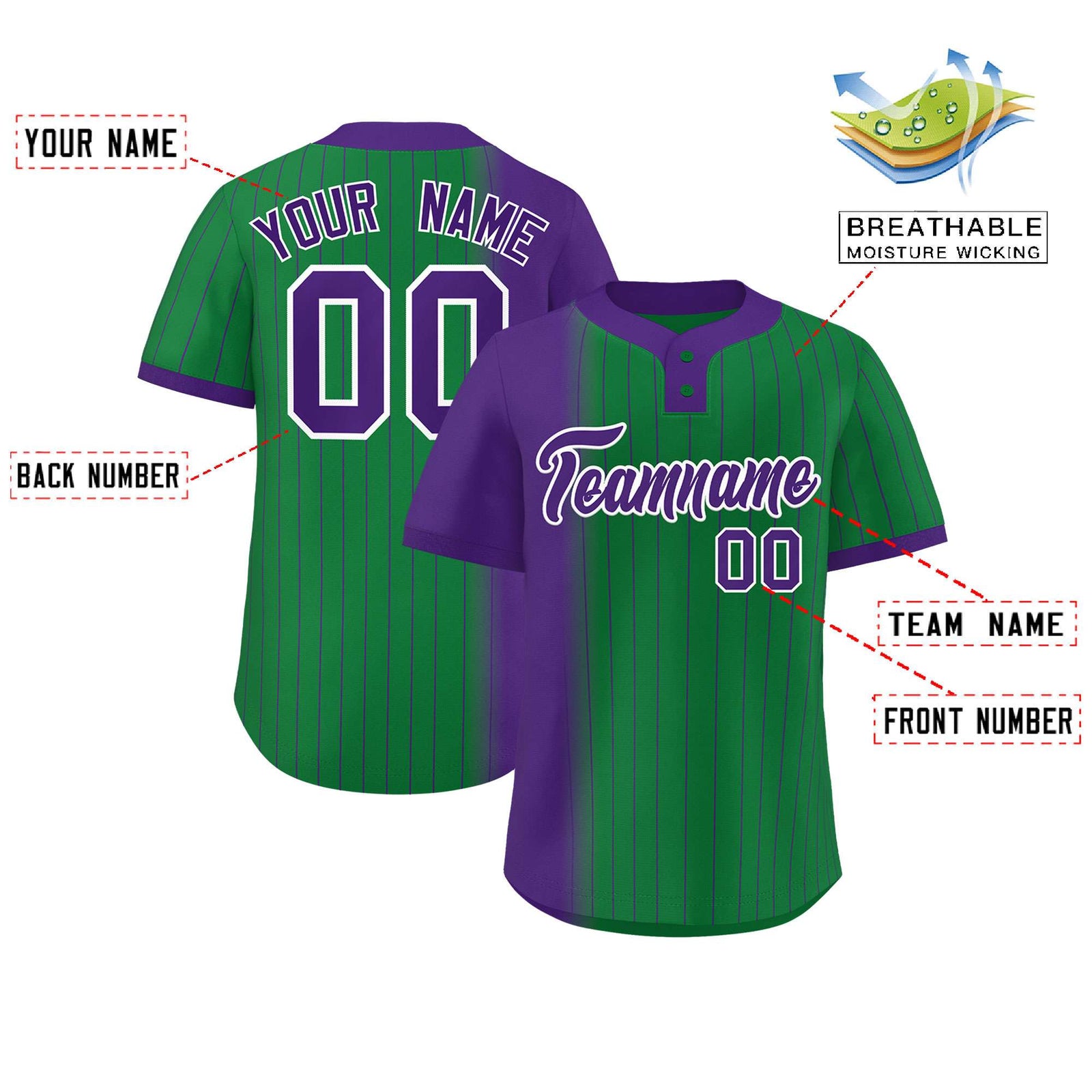 Custom Purple Kelly Green Gradient Stripe Fashion Authentic Two-Button Softball Jersey
