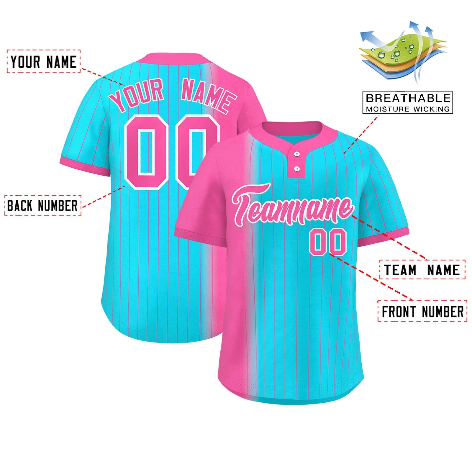 Custom Pink Sky Blue Gradient Stripe Fashion Authentic Two-Button Softball Jersey
