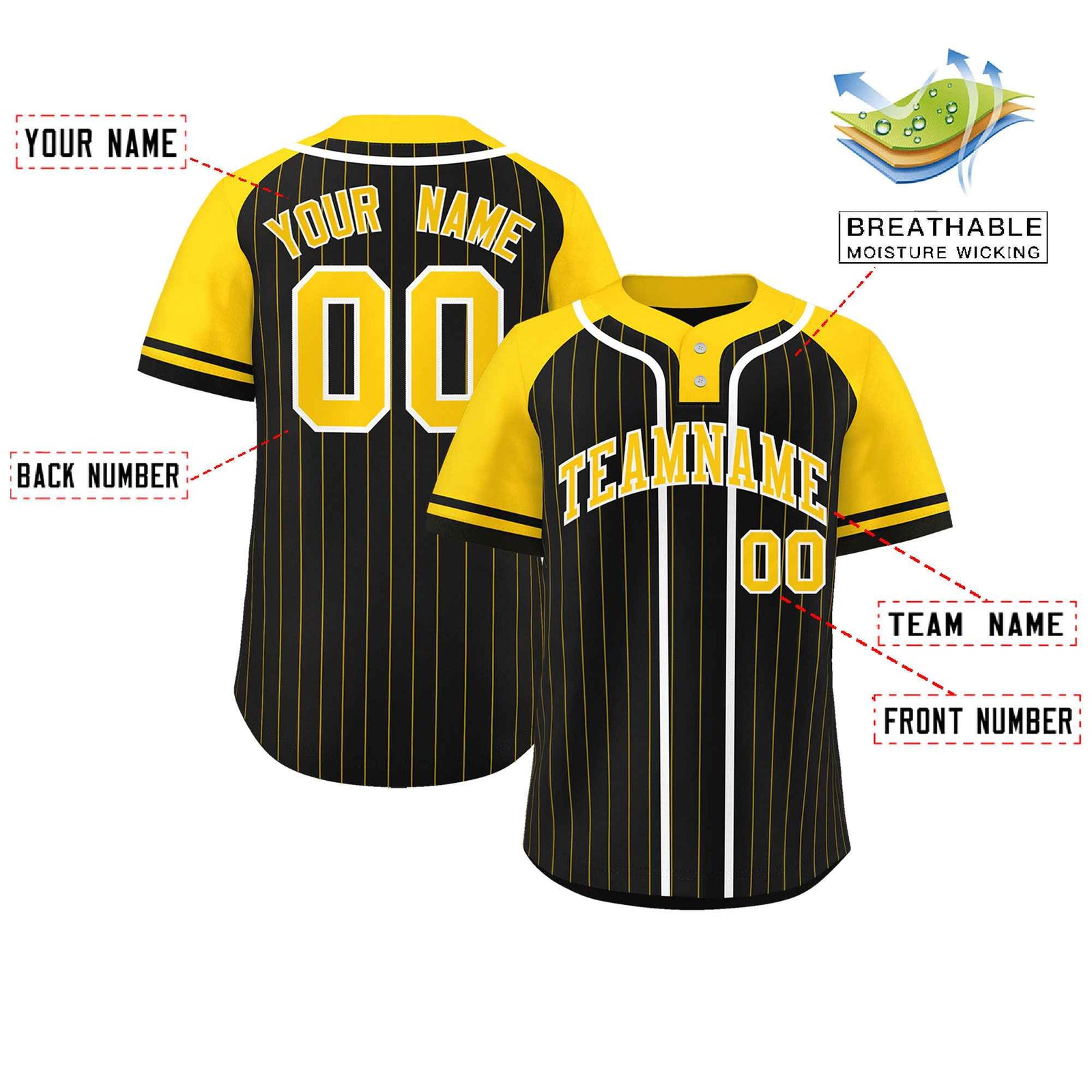 Custom Black Gold-White Stripe Fashion Raglan Sleeves Authentic Two-Button Softball Jersey