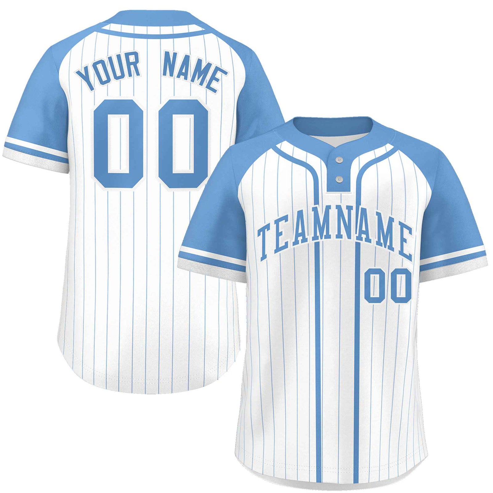 Custom White Light Blue Stripe Fashion Raglan Sleeves Authentic Two-Button Softball Jersey