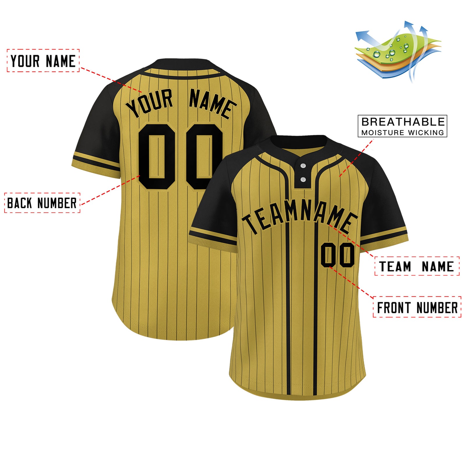 Custom Old Gold Black Stripe Fashion Raglan Sleeves Authentic Two-Button Softball Jersey