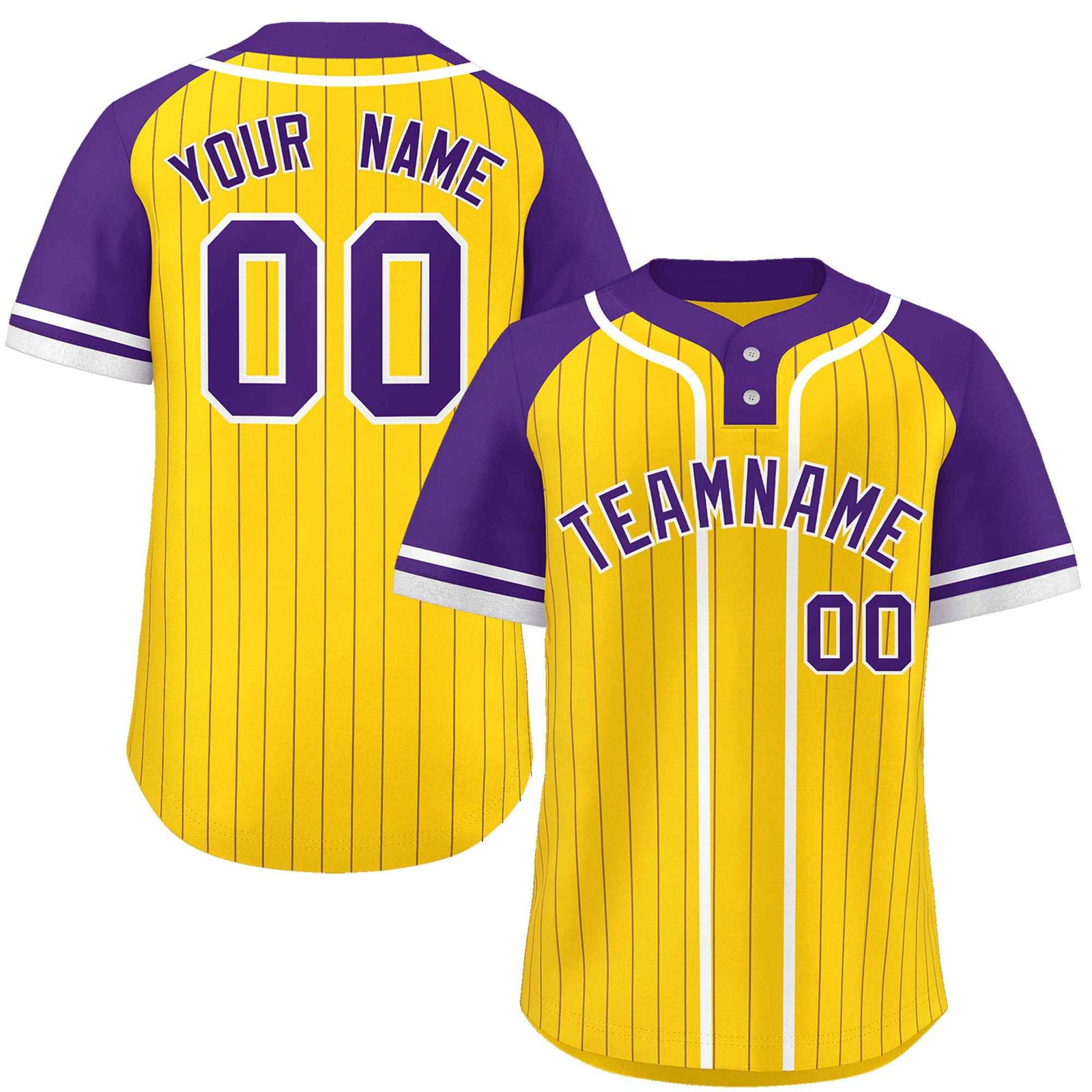 Custom Gold Purple-White Stripe Fashion Raglan Sleeves Authentic Two-Button Softball Jersey