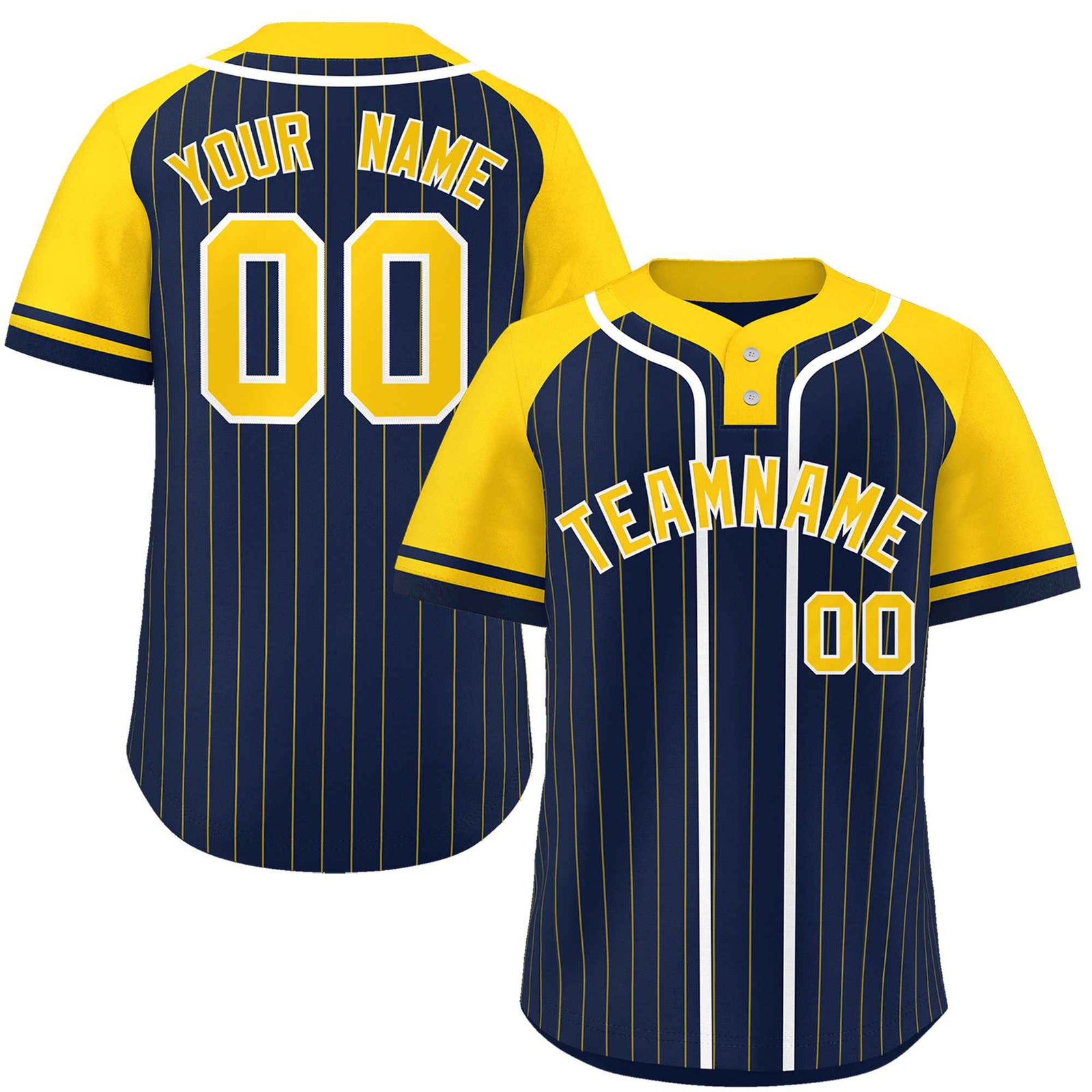 Custom Navy Gold-White Stripe Fashion Raglan Sleeves Authentic Two-Button Softball Jersey