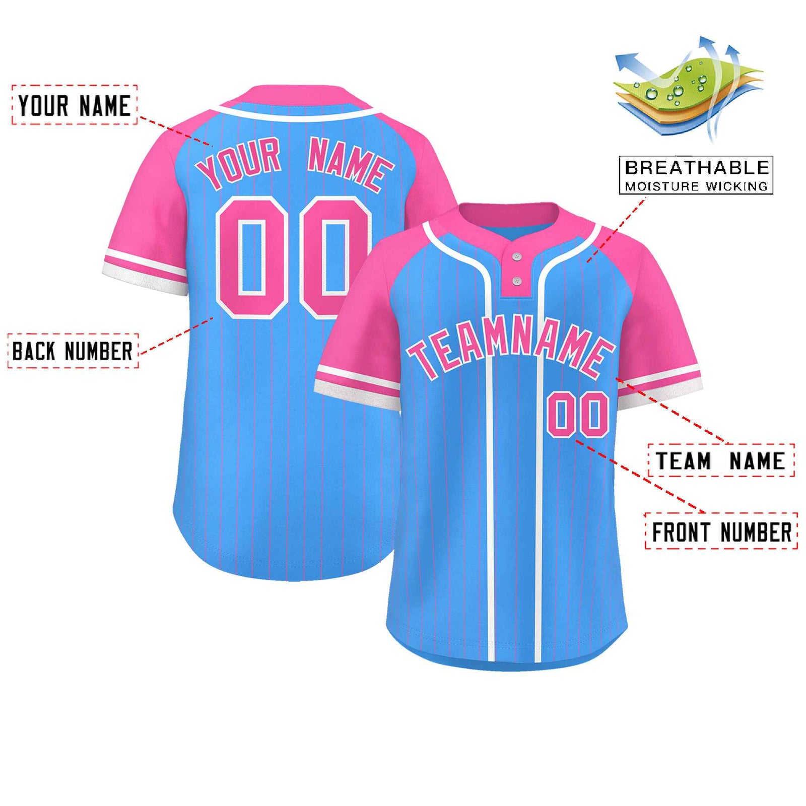 Custom Powder Blue Pink-White Stripe Fashion Raglan Sleeves Authentic Two-Button Softball Jersey