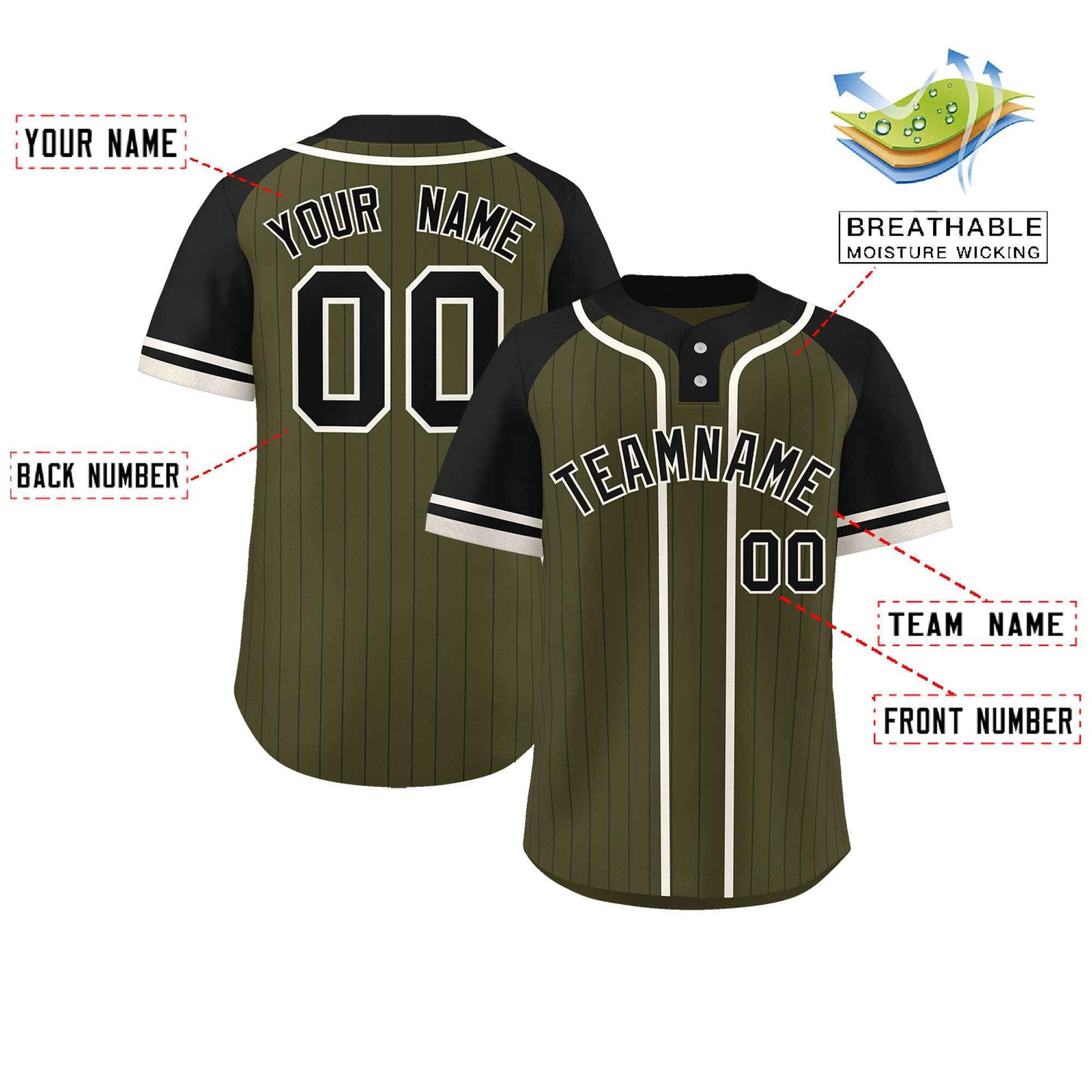 Custom Olive Black-Cream Stripe Fashion Raglan Sleeves Authentic Two-Button Softball Jersey