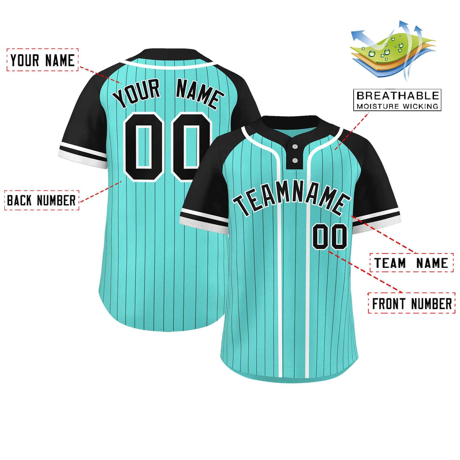Custom Aqua Black-White Stripe Fashion Raglan Sleeves Authentic Two-Button Softball Jersey