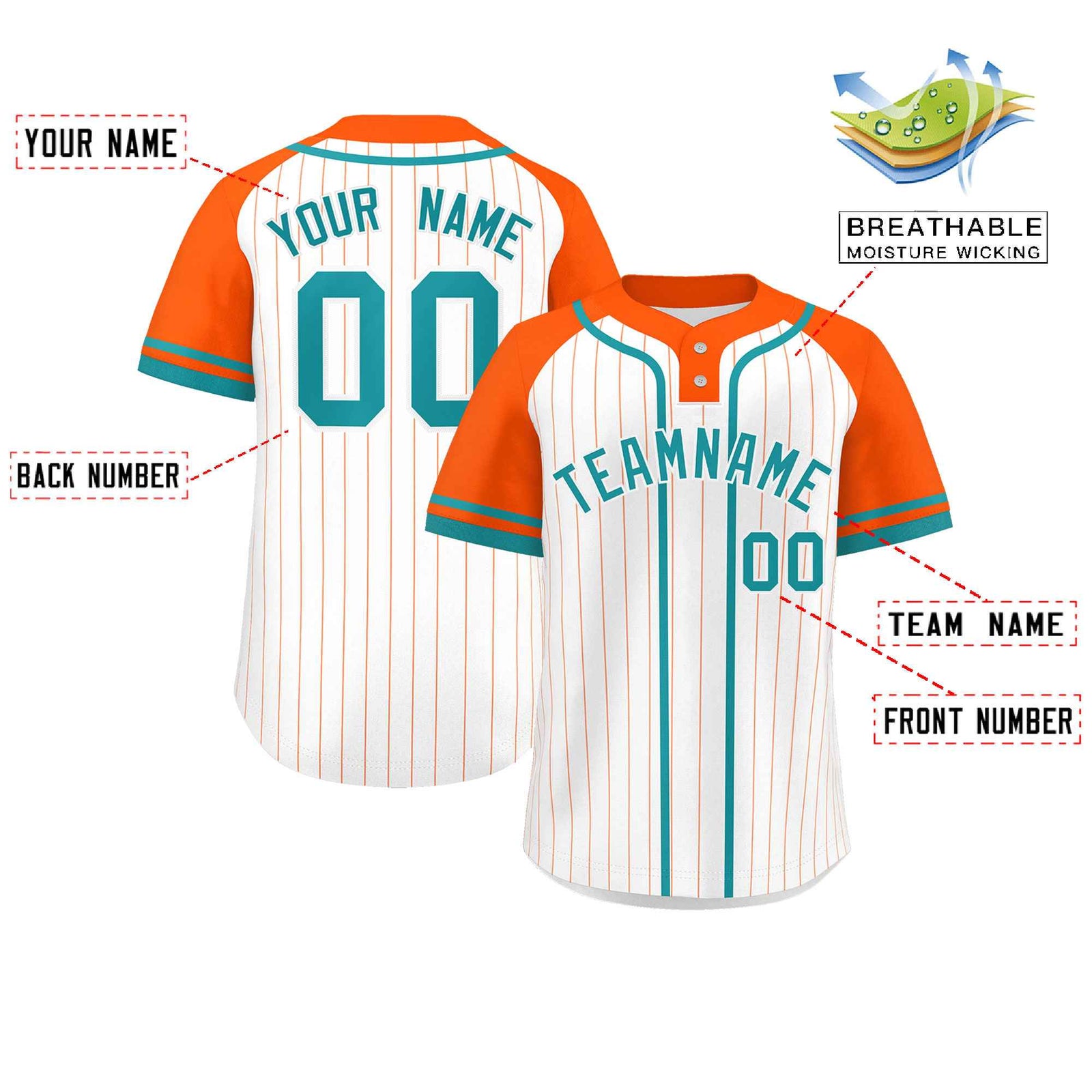 Custom White Orange-Aqua Stripe Fashion Raglan Sleeves Authentic Two-Button Softball Jersey