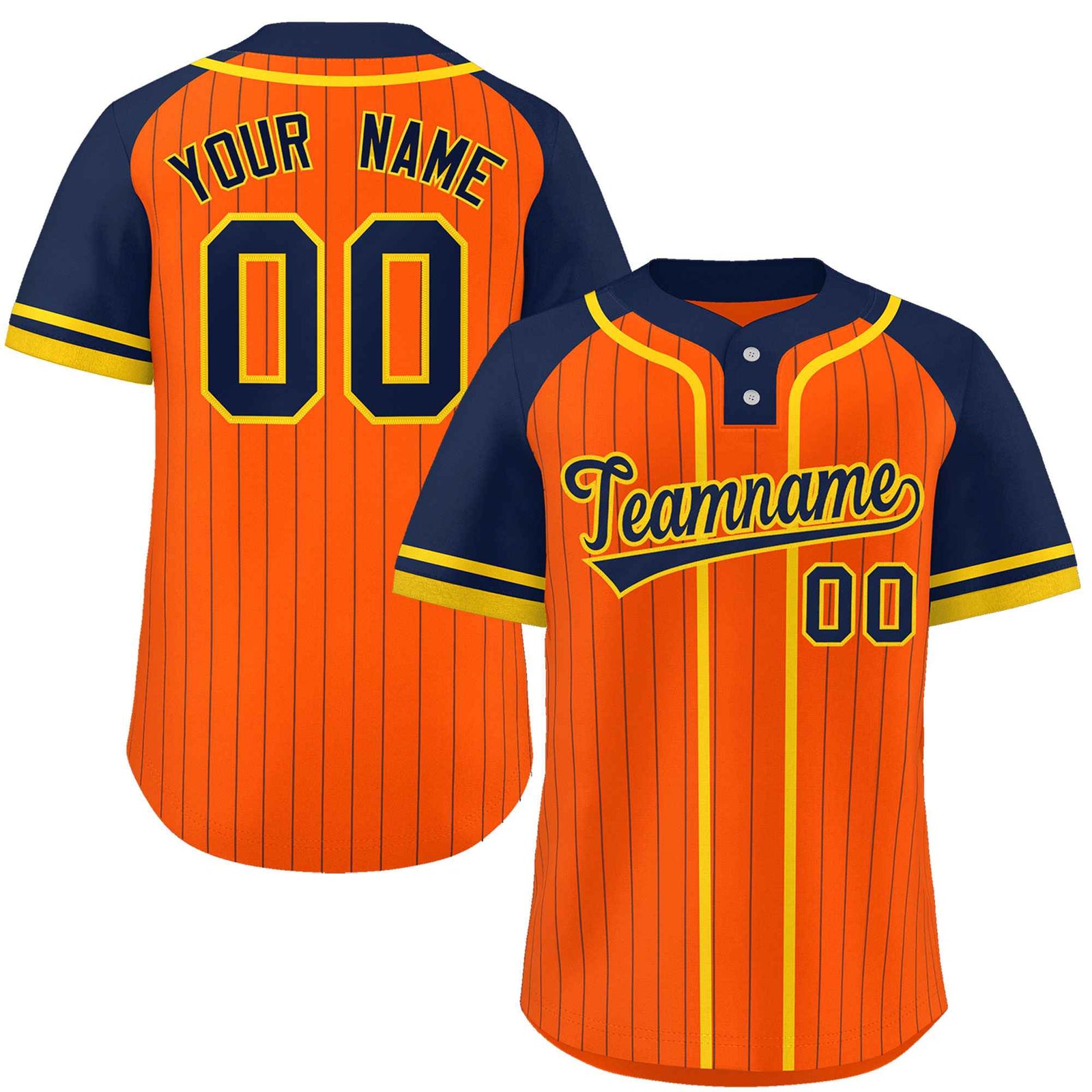 Custom Orange Navy-Gold Stripe Fashion Raglan Sleeves Authentic Two-Button Softball Jersey