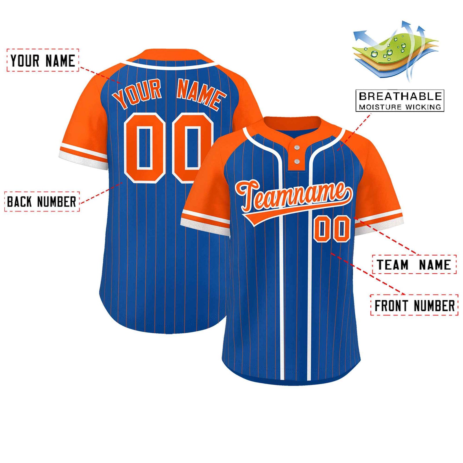 Custom Royal Orange-White Stripe Fashion Raglan Sleeves Authentic Two-Button Softball Jersey