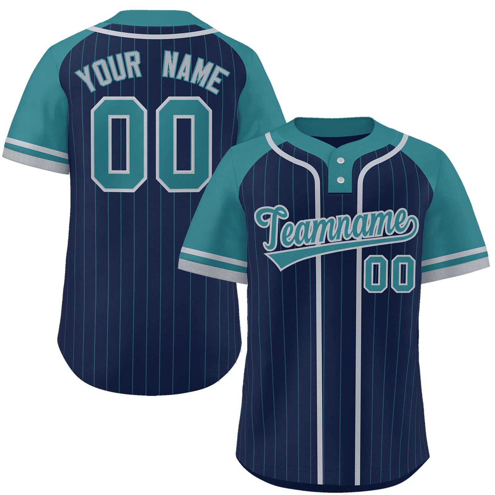Custom Navy Aqua-Gray Stripe Fashion Raglan Sleeves Authentic Two-Button Softball Jersey
