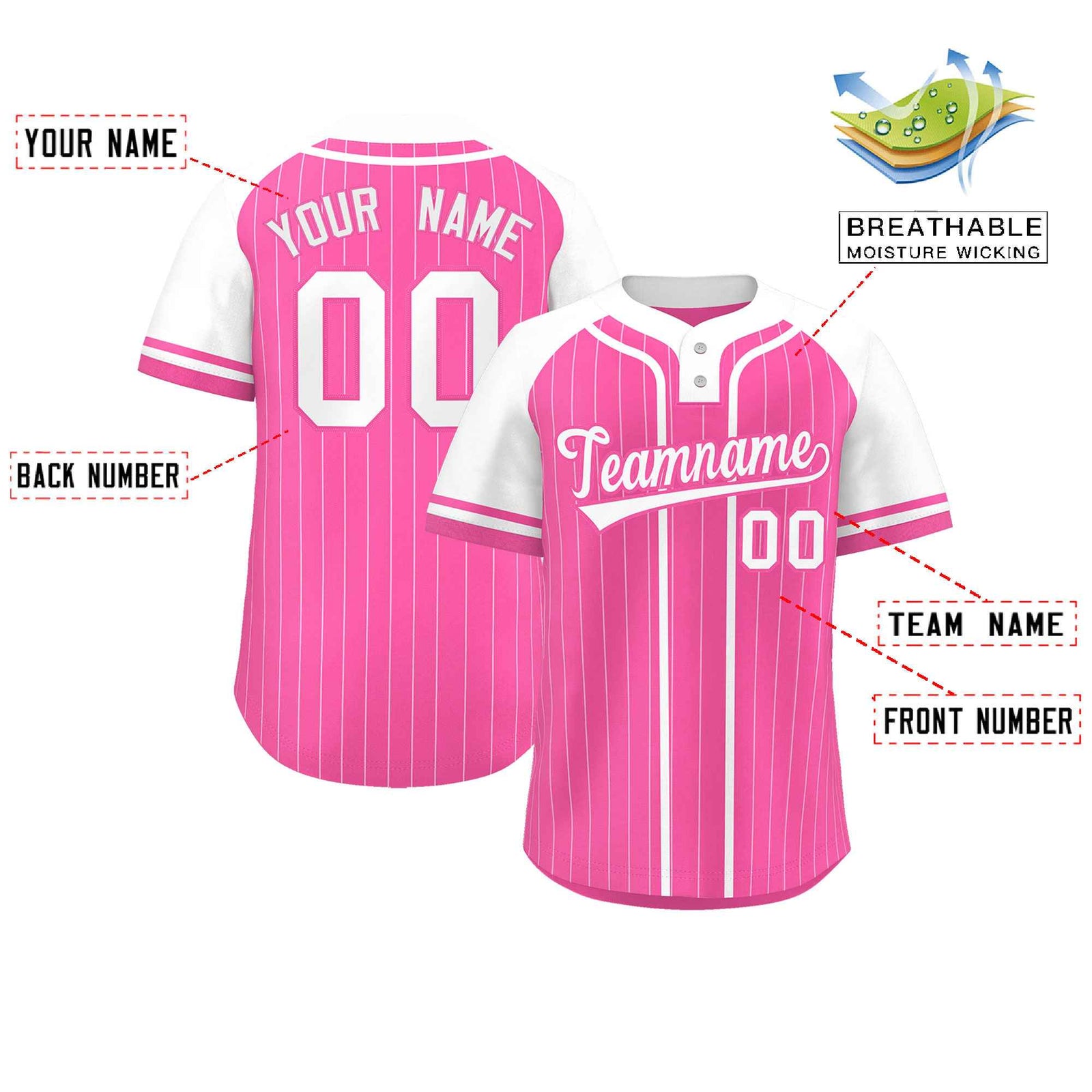 Custom Pink White Stripe Fashion Raglan Sleeves Authentic Two-Button Softball Jersey