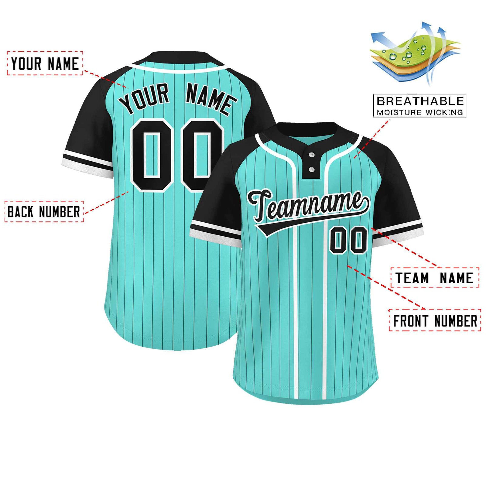 Custom Aqua Black-White Stripe Fashion Raglan Sleeves Authentic Two-Button Softball Jersey