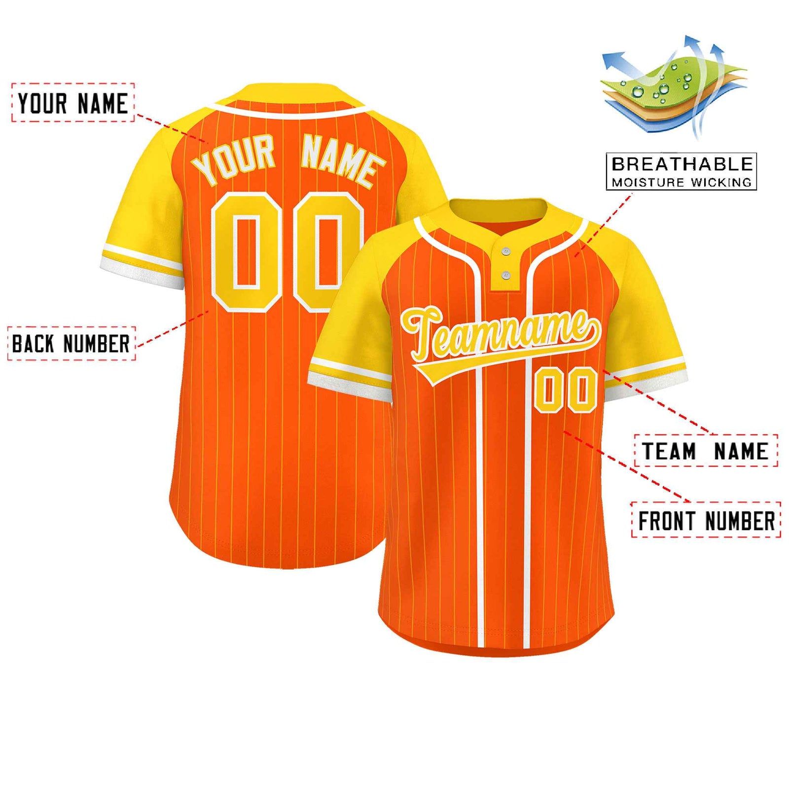 Custom Orange Gold-White Stripe Fashion Raglan Sleeves Authentic Two-Button Softball Jersey