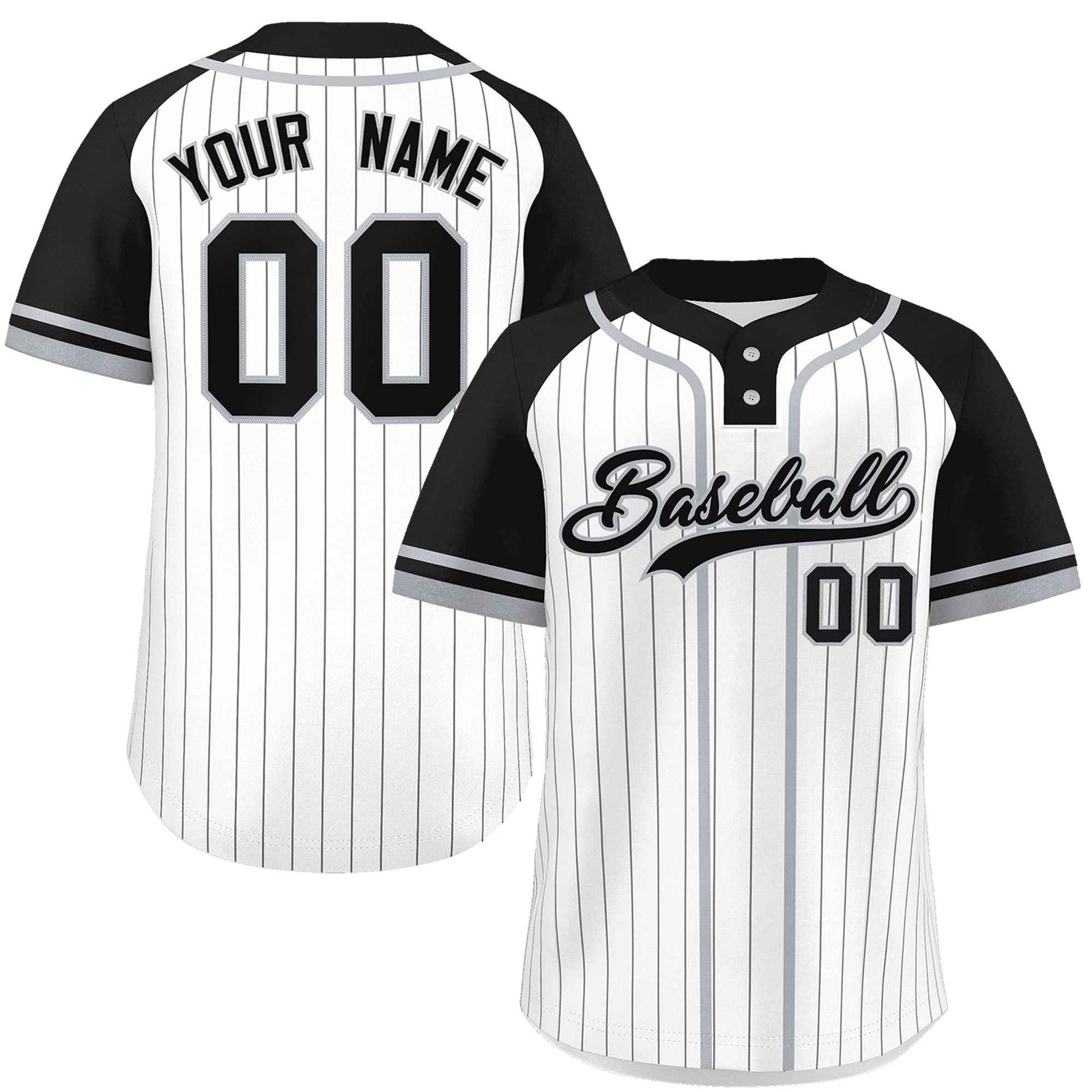 Custom White Black-Gray Stripe Fashion Raglan Sleeves Authentic Two-Button Softball Jersey