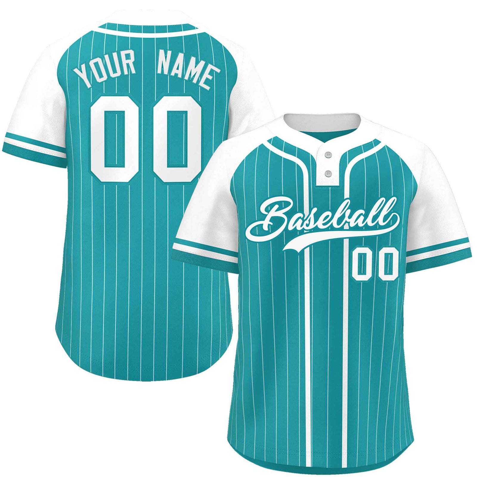 Custom Aqua White Stripe Fashion Raglan Sleeves Authentic Two-Button Softball Jersey
