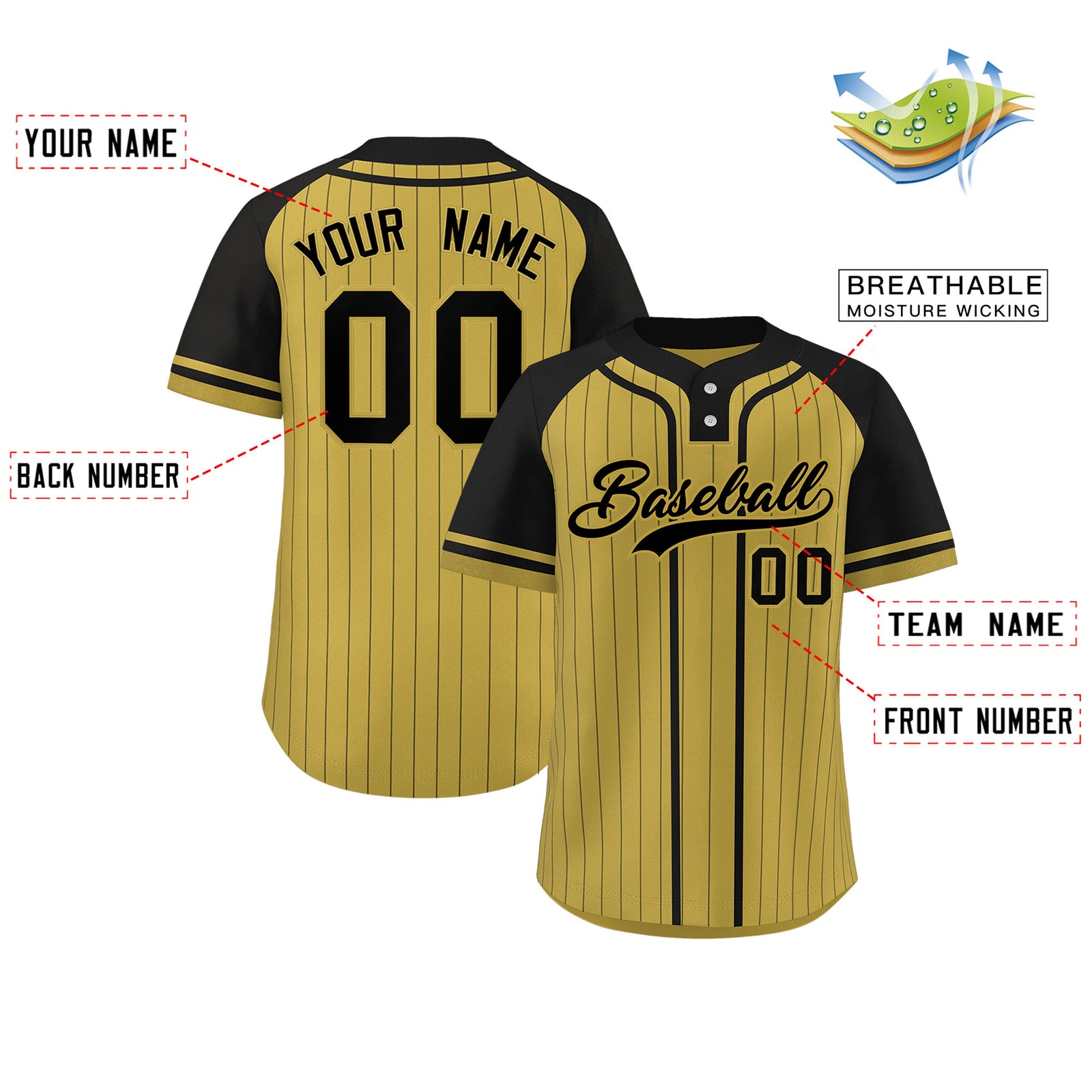 Custom Old Gold Black Stripe Fashion Raglan Sleeves Authentic Two-Button Softball Jersey