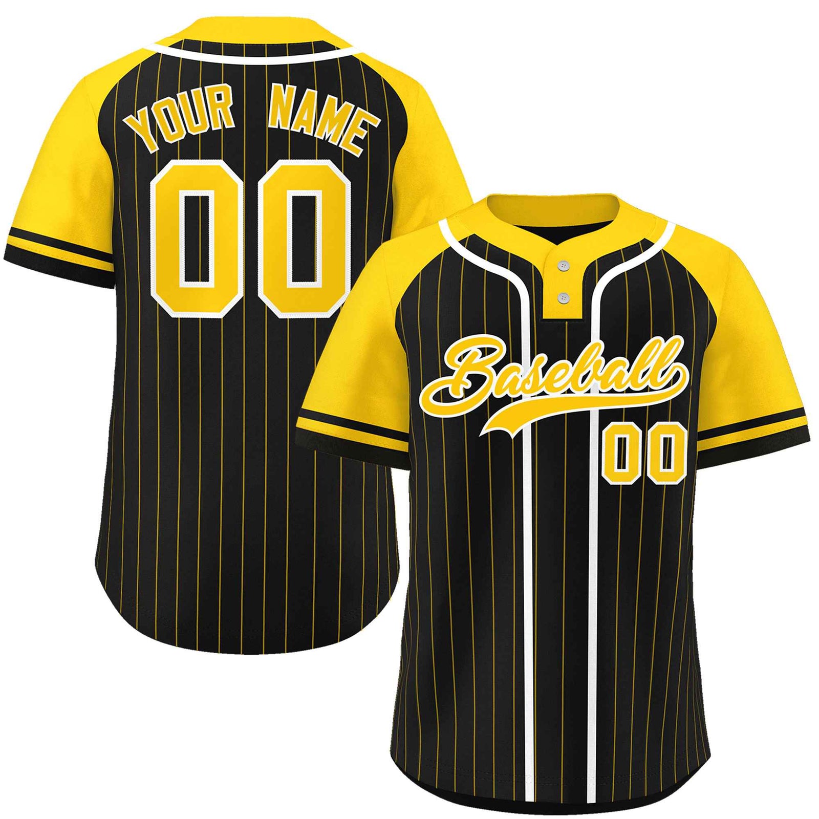 Custom Black Gold-White Stripe Fashion Raglan Sleeves Authentic Two-Button Softball Jersey