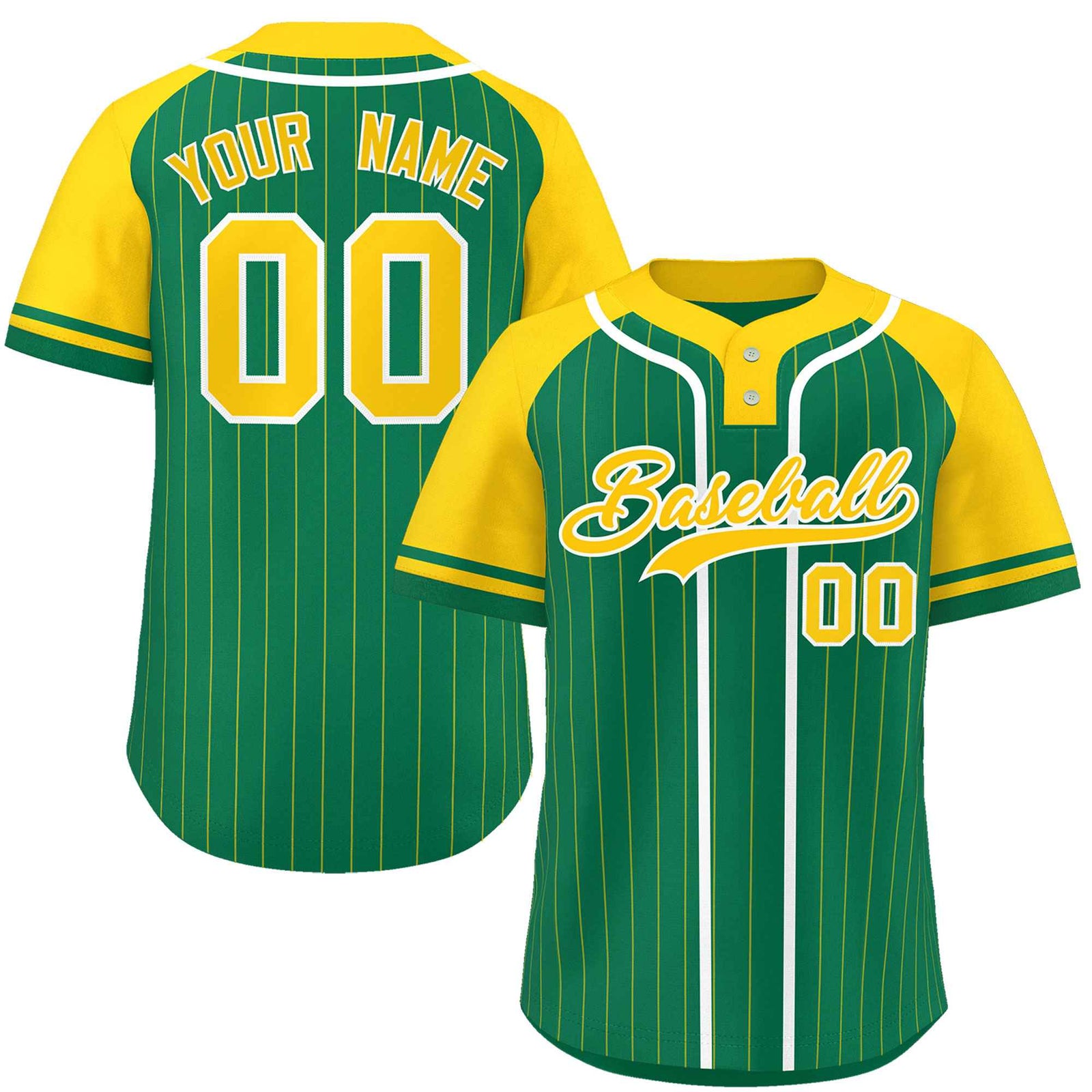 Custom Kelly Green Gold-White Stripe Fashion Raglan Sleeves Authentic Two-Button Softball Jersey
