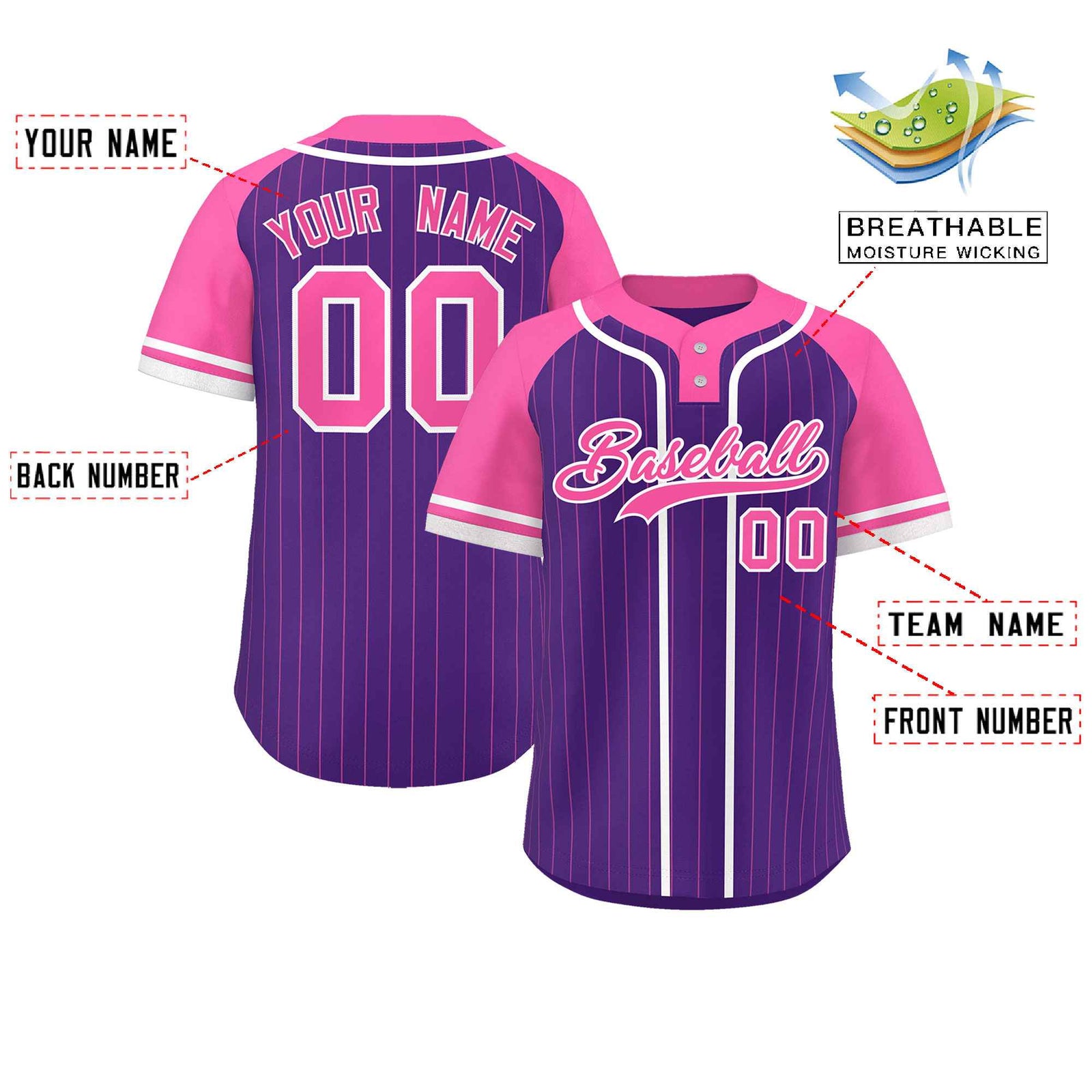 Custom Purple Pink-White Stripe Fashion Raglan Sleeves Authentic Two-Button Softball Jersey
