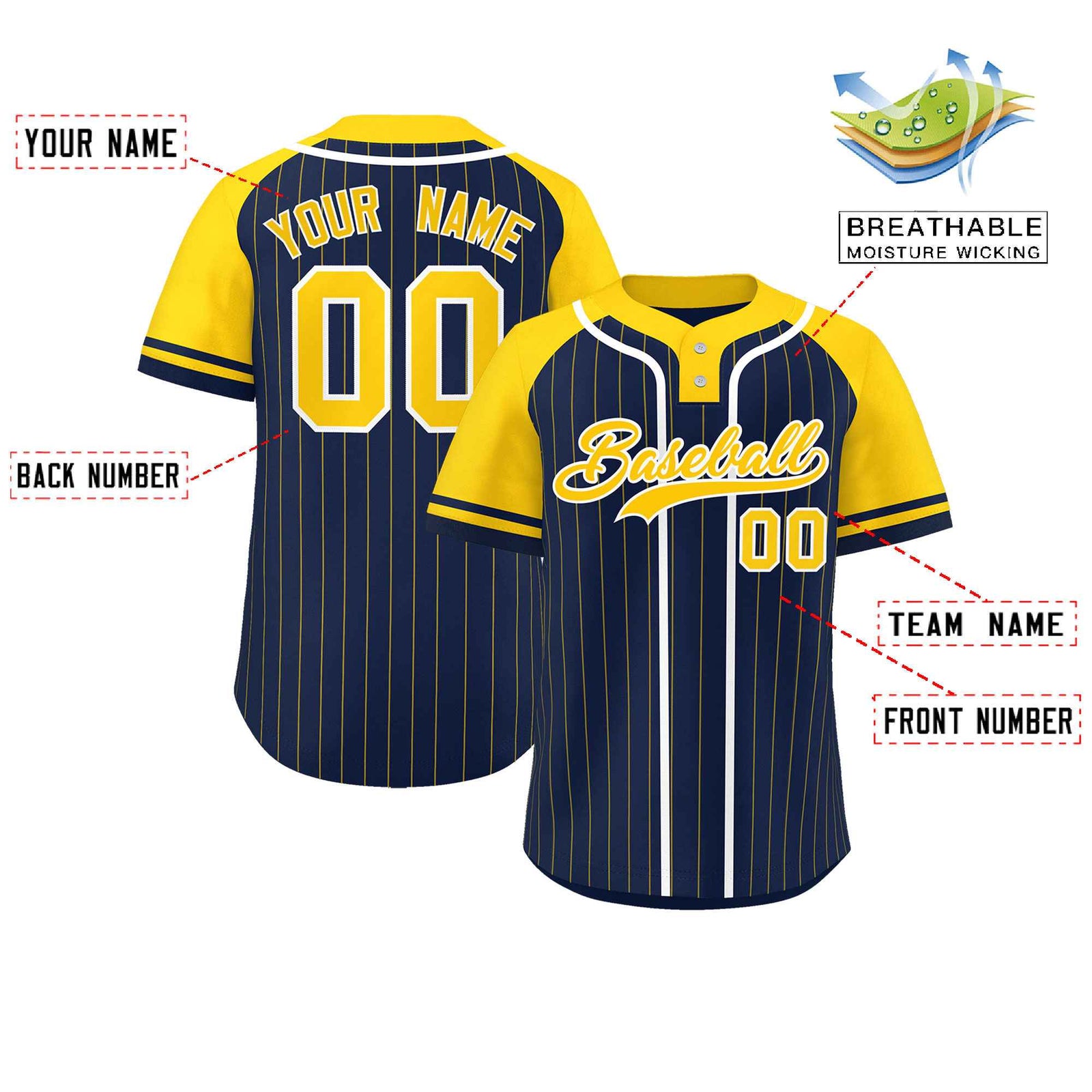 Custom Navy Gold-White Stripe Fashion Raglan Sleeves Authentic Two-Button Softball Jersey