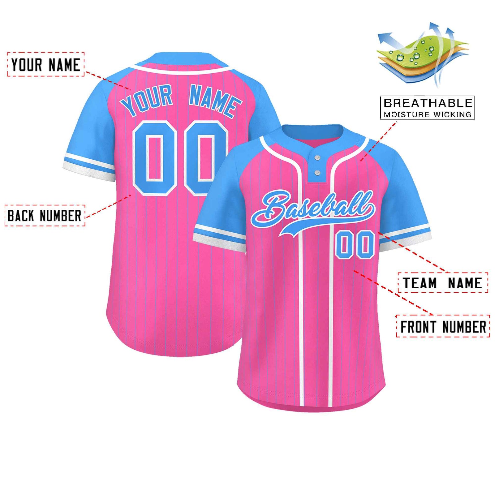 Custom Pink Powder Blue-White Stripe Fashion Raglan Sleeves Authentic Two-Button Softball Jersey