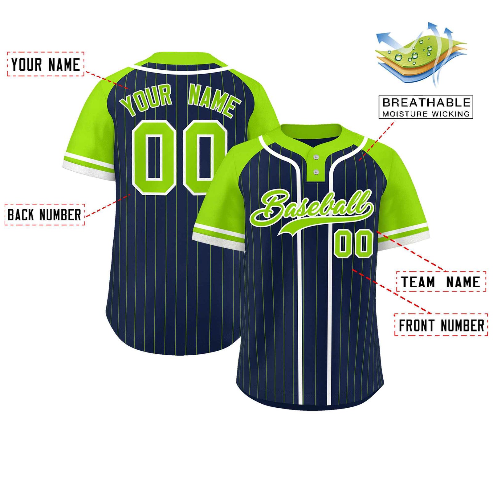 Custom Navy Neon Green-White Stripe Fashion Raglan Sleeves Authentic Two-Button Softball Jersey