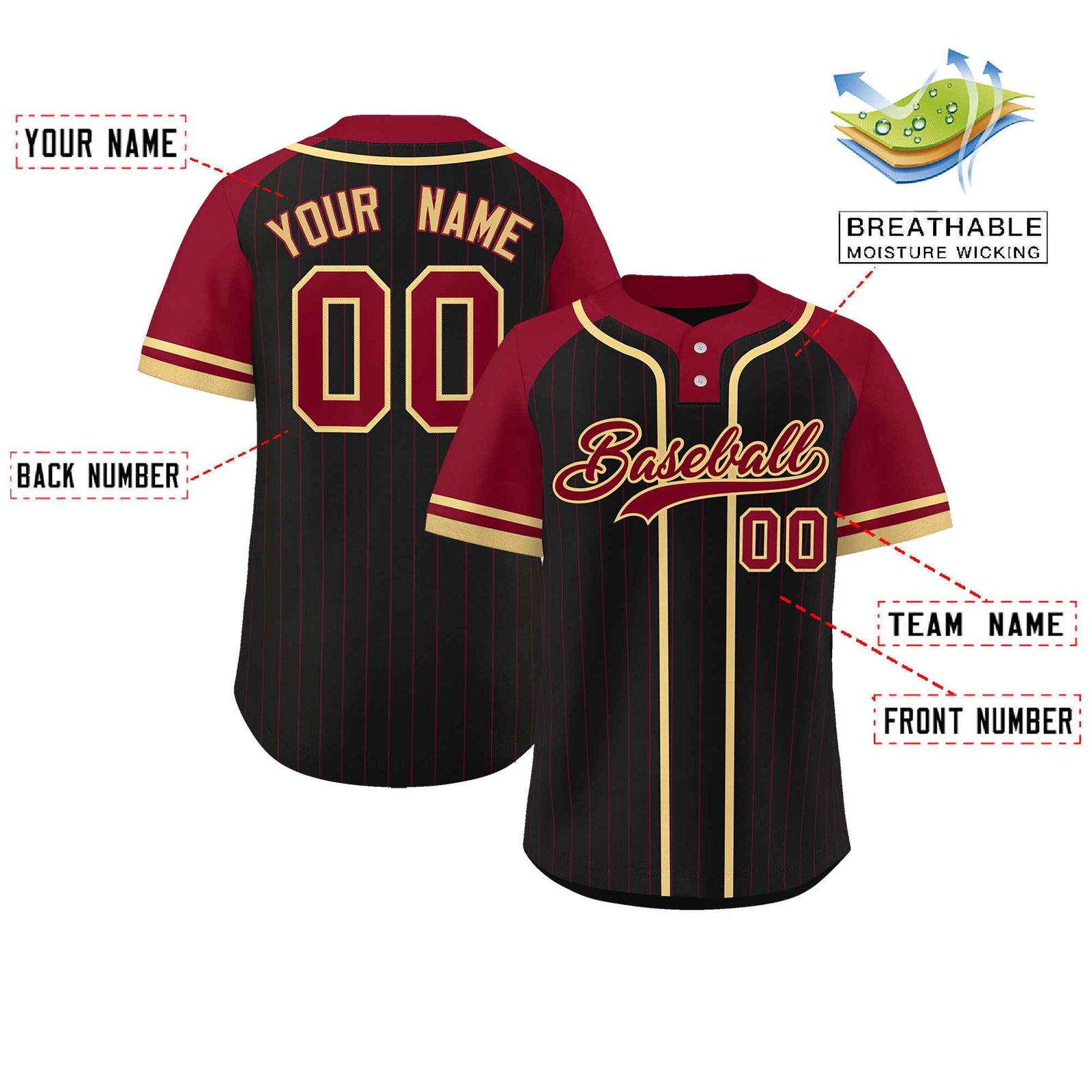 Custom Black Crimson-Khaki Stripe Fashion Raglan Sleeves Authentic Two-Button Softball Jersey