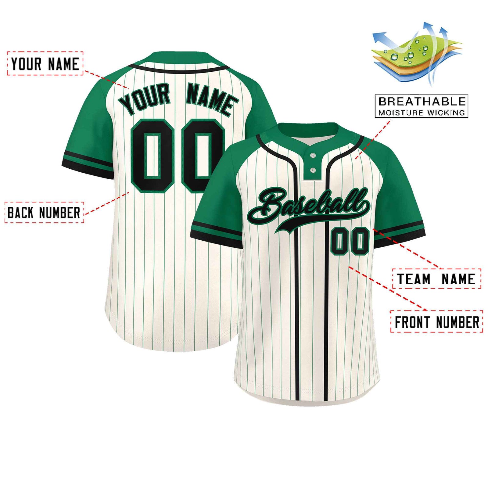Custom Cream Kelly Green-Black Stripe Fashion Raglan Sleeves Authentic Two-Button Softball Jersey