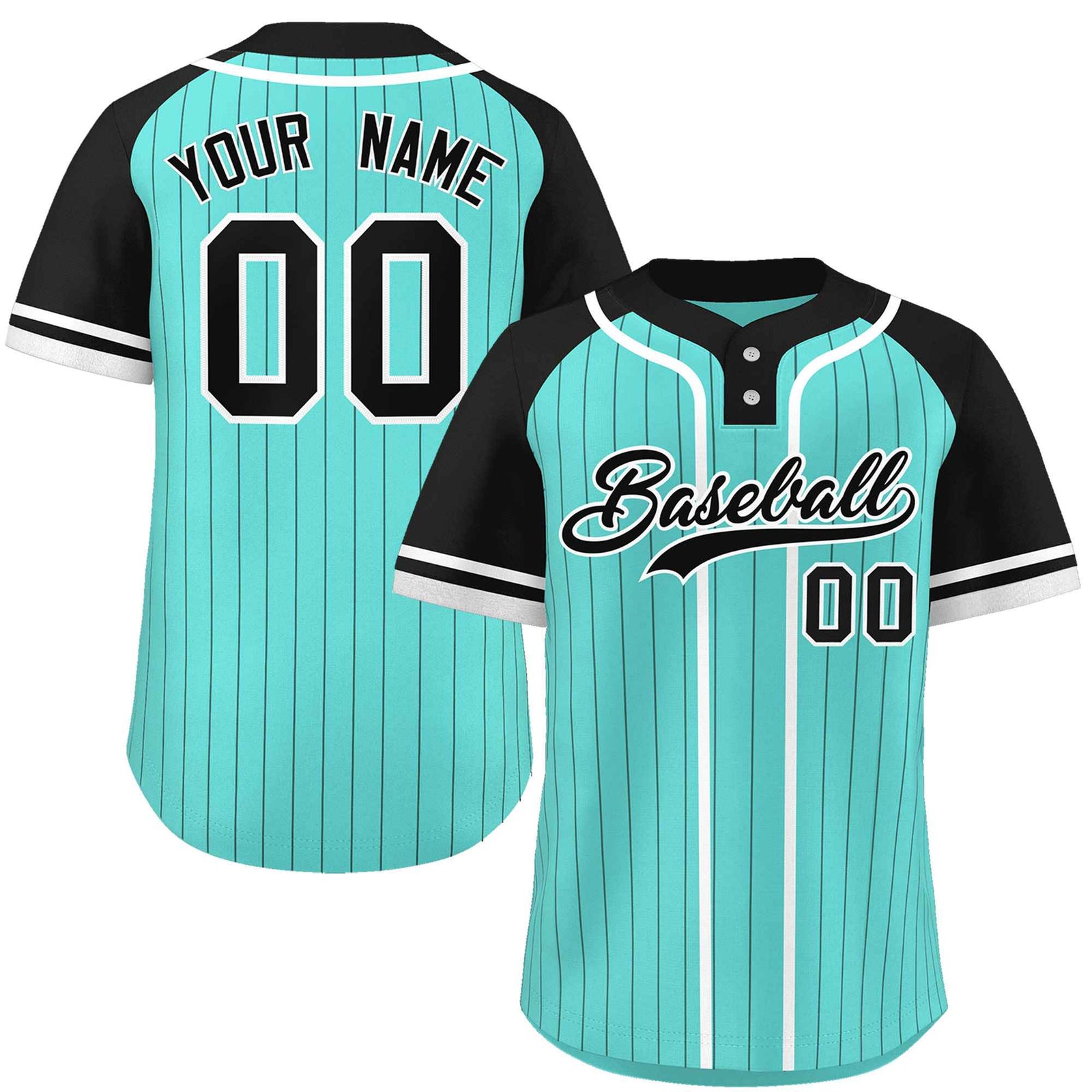 Custom Aqua Black-White Stripe Fashion Raglan Sleeves Authentic Two-Button Softball Jersey