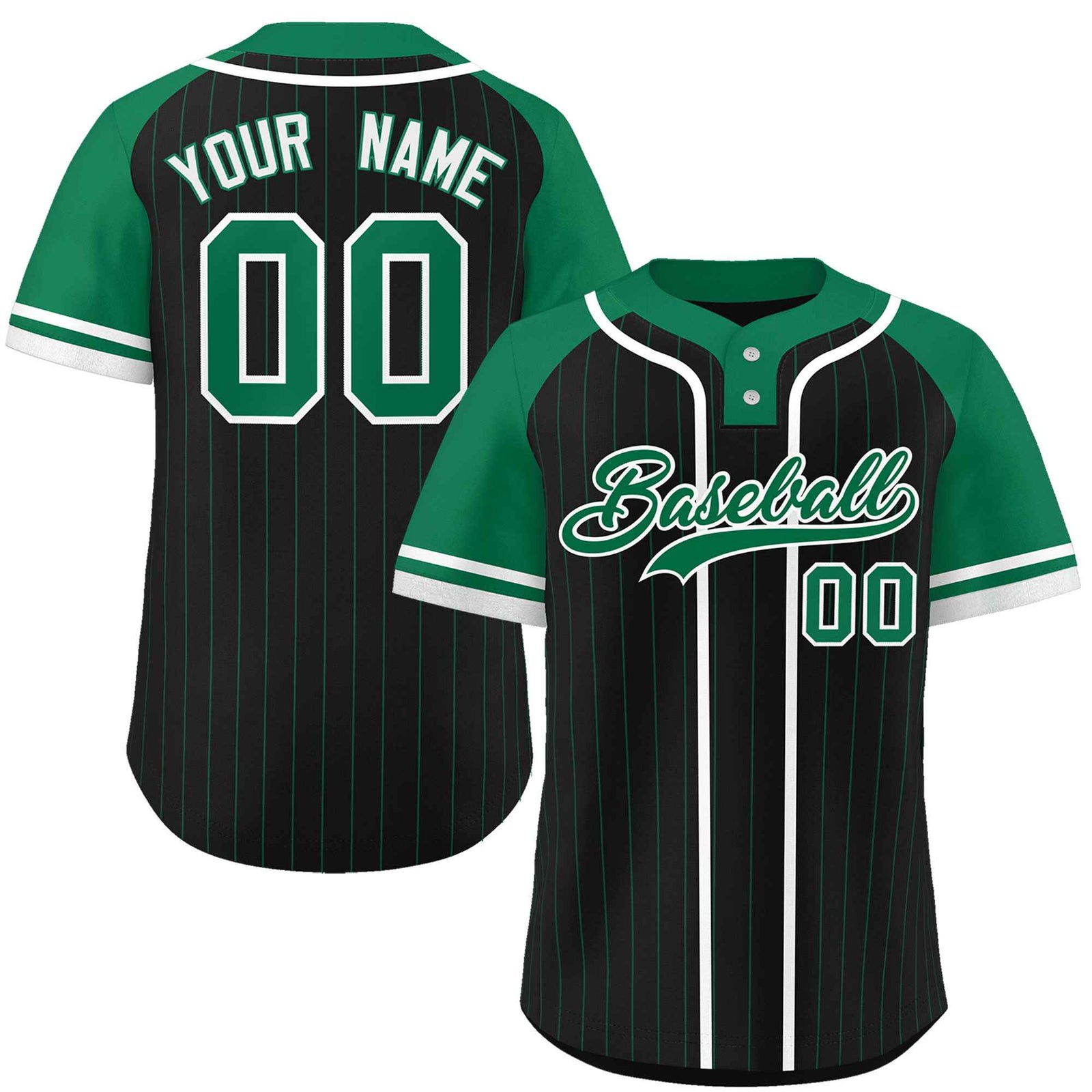 Custom Black Kelly Green-White Stripe Fashion Raglan Sleeves Authentic Two-Button Softball Jersey