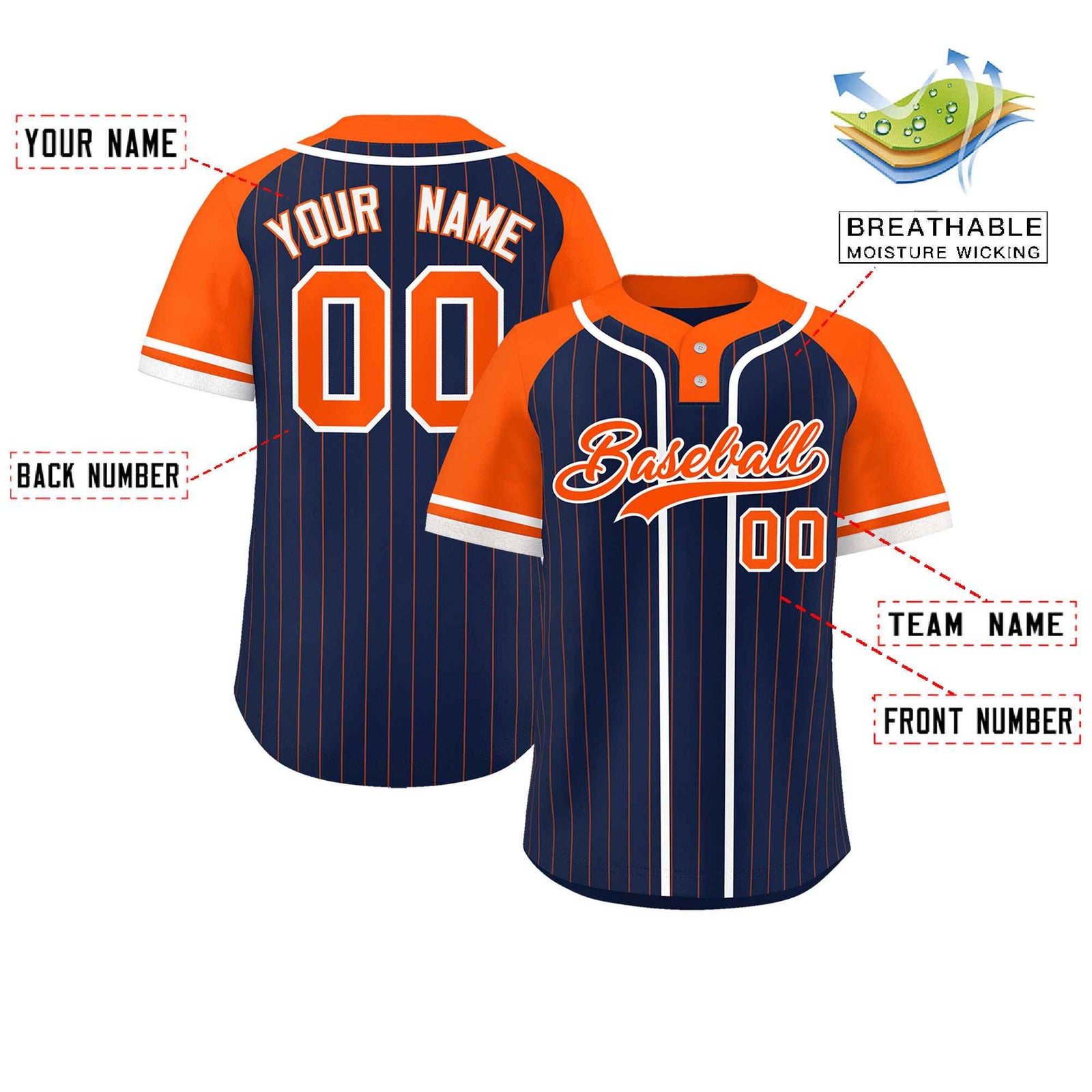 Custom Navy Orange-White Stripe Fashion Raglan Sleeves Authentic Two-Button Softball Jersey