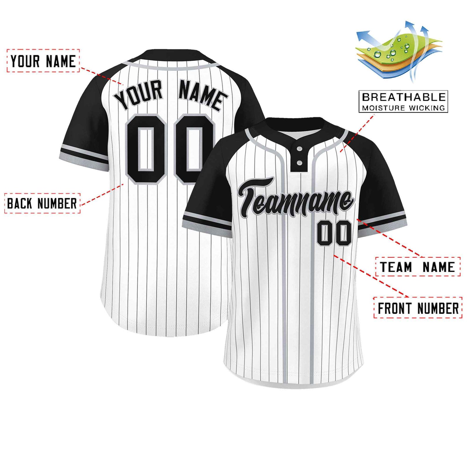 Custom White Black-Gray Stripe Fashion Raglan Sleeves Authentic Two-Button Softball Jersey