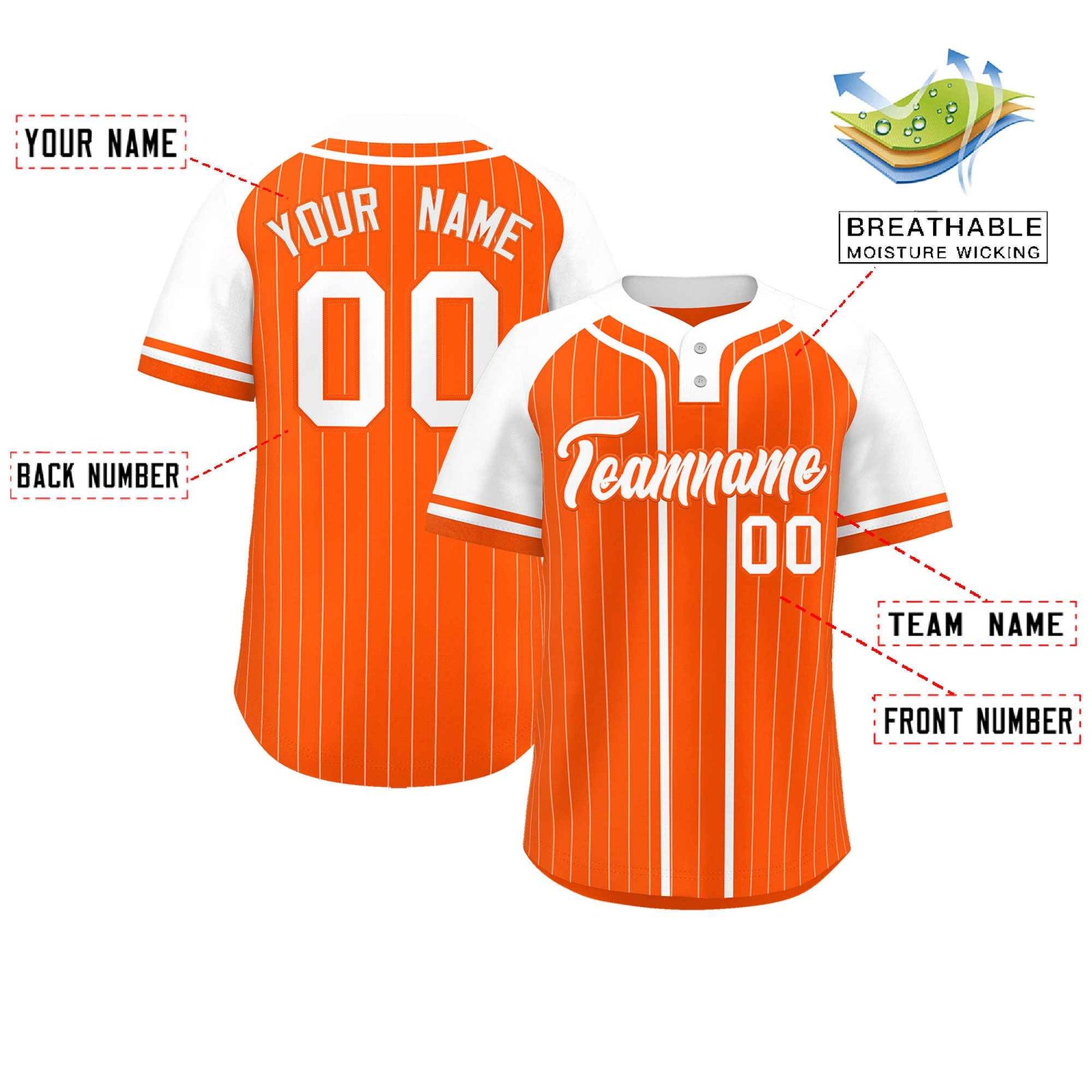 Custom Orange White Stripe Fashion Raglan Sleeves Authentic Two-Button Softball Jersey