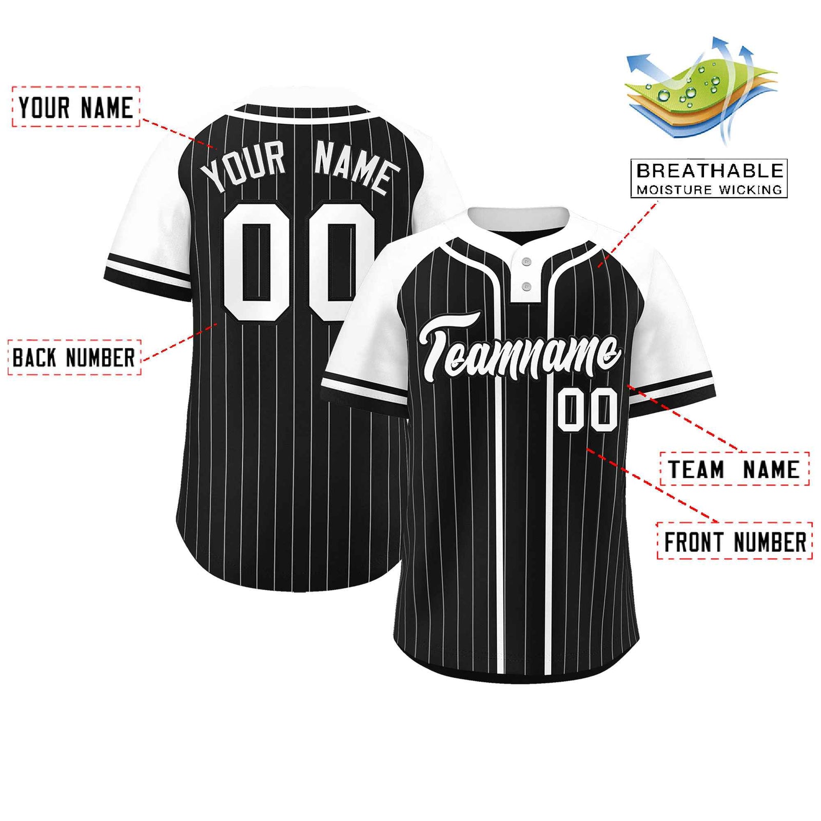 Custom Black White Stripe Fashion Raglan Sleeves Authentic Two-Button Softball Jersey