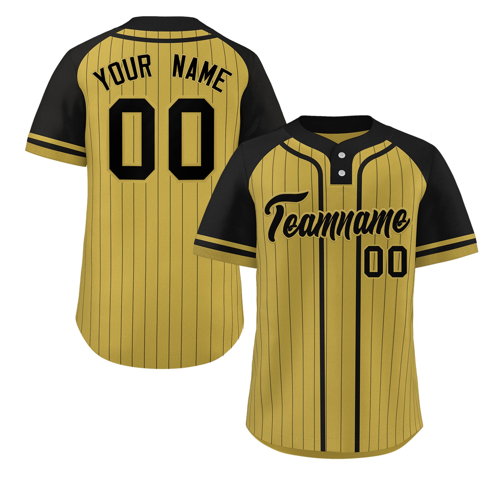 Custom Old Gold Black Stripe Fashion Raglan Sleeves Authentic Two-Button Softball Jersey