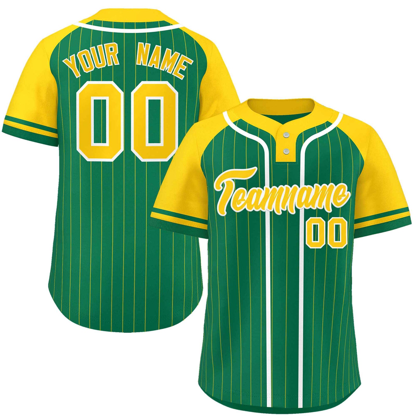 Custom Kelly Green Gold-White Stripe Fashion Raglan Sleeves Authentic Two-Button Softball Jersey