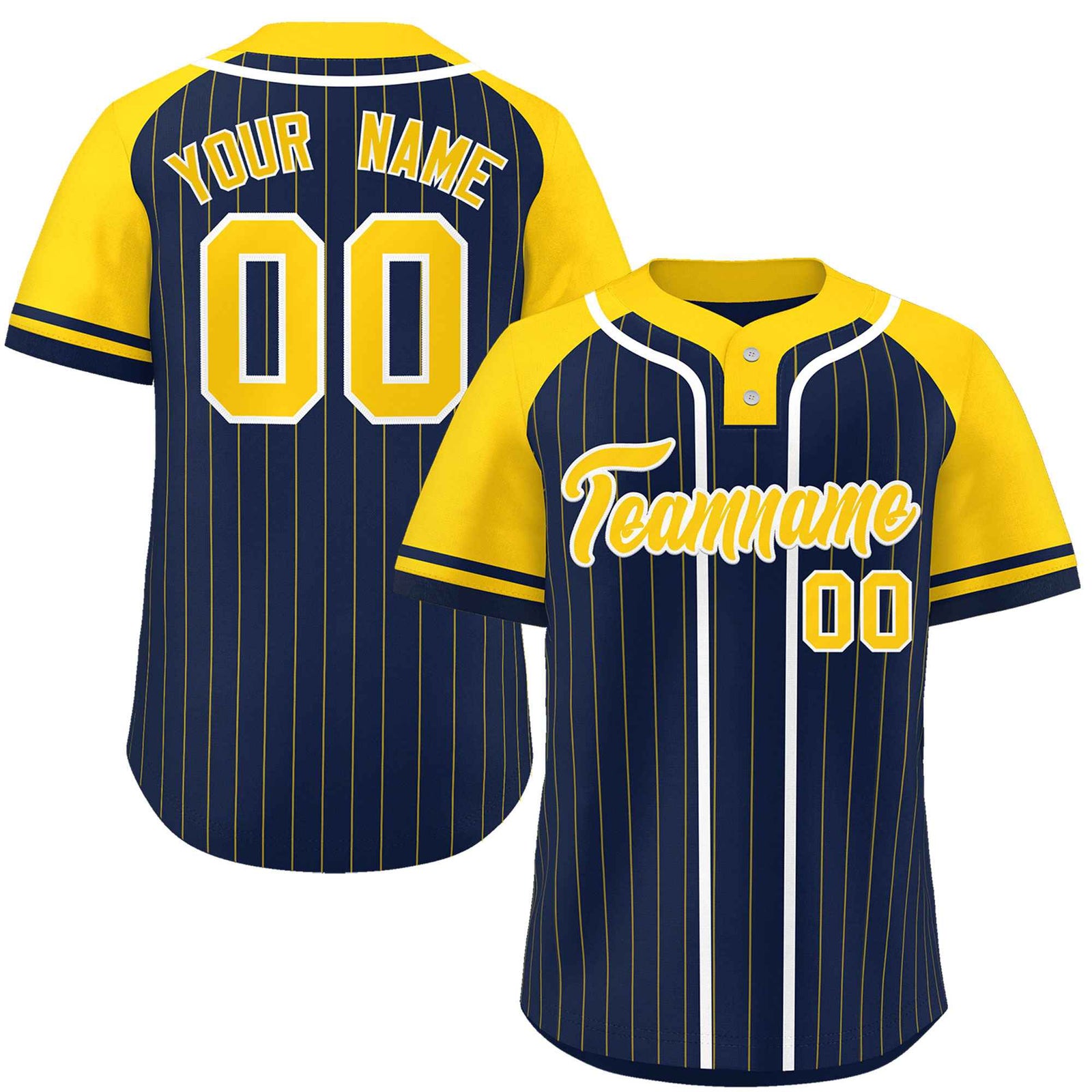 Custom Navy Gold-White Stripe Fashion Raglan Sleeves Authentic Two-Button Softball Jersey